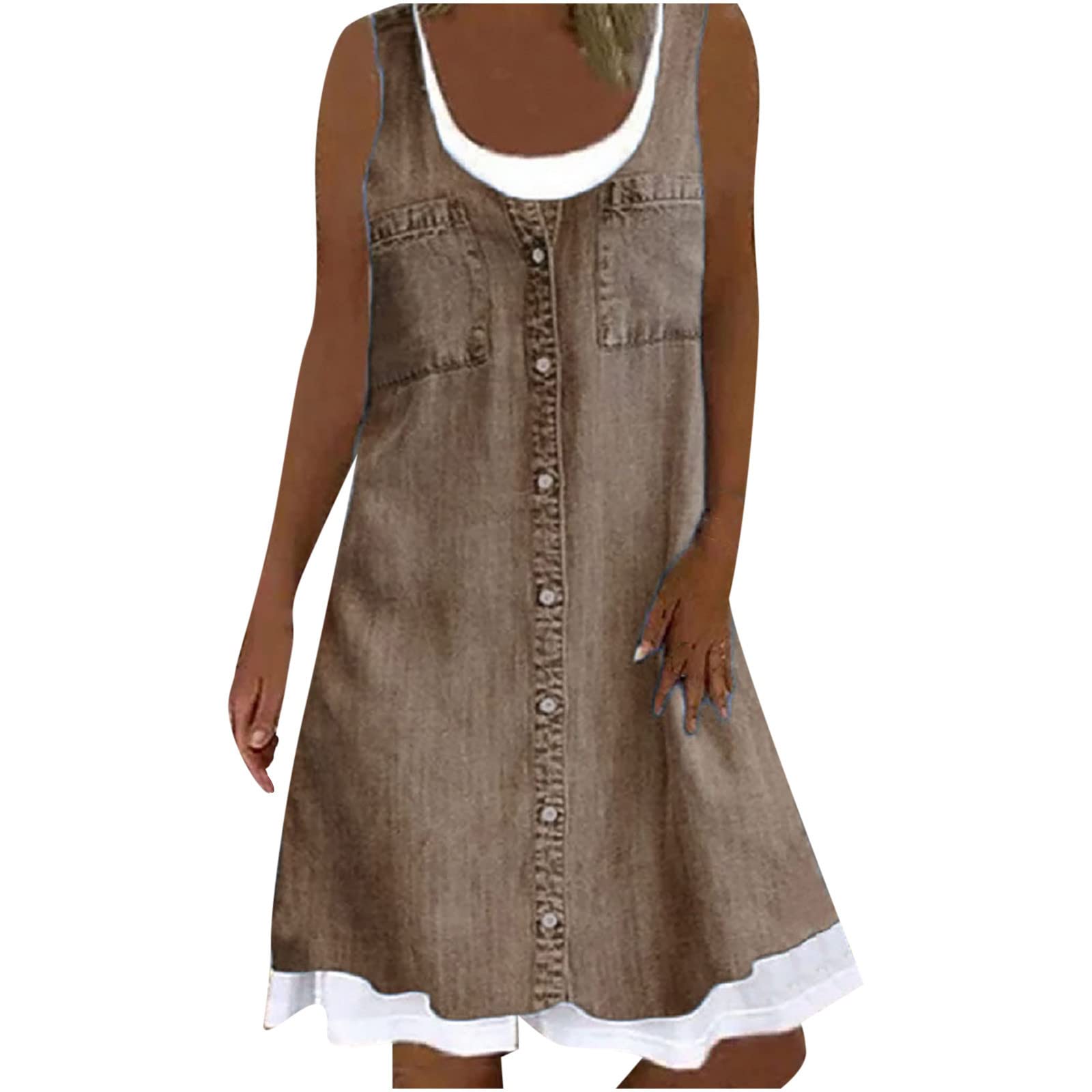 Women's Denim Shirt Dress - Sleeveless Button Down Jean Dress with Curved Hem | Plus Size Summer Dresses for Casual Outings & Beach Vacations