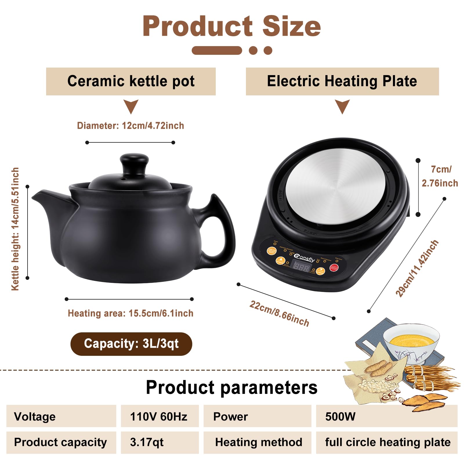 110V Electric Chinese Herbal Medicine Pot - 3.17 Quart Herbal Decoction Cooker with Heating Stove for Traditional Chinese Medicine, Herb Tea & Soup (Up to 600g Herbs) - Perfect for Home Herbal Remedies, TCM Therapy & Natural Wellness