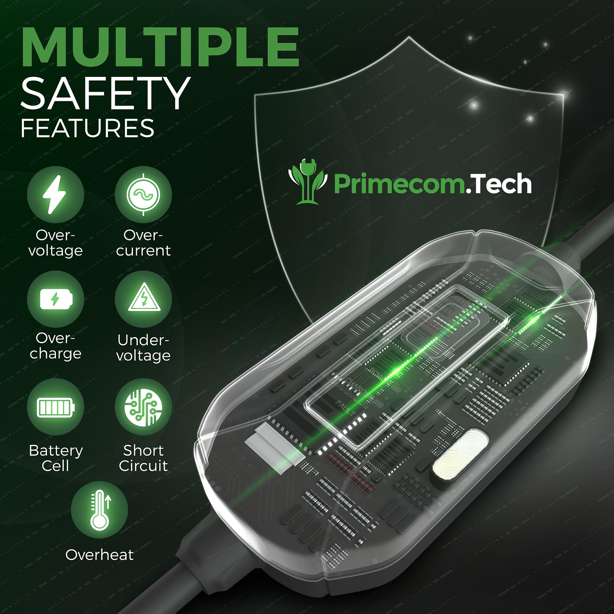 PRIMECOM Level 2 EV Charger 16A 240V - Portable Smart Car Charger for Home & Travel (30ft)