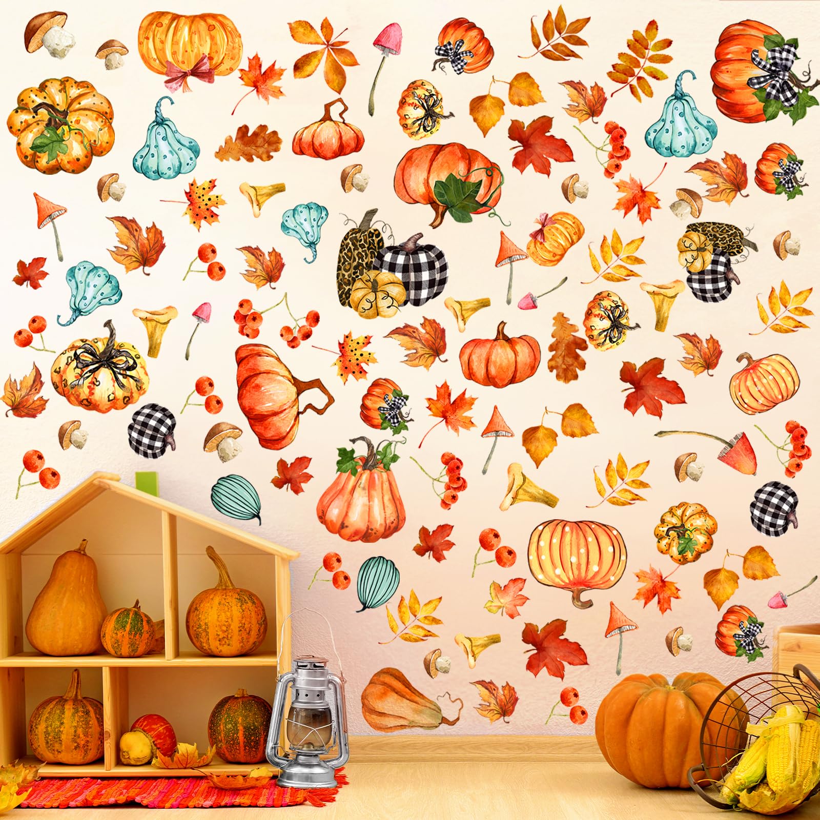 6 Sheets Thanksgiving Fall Wall Stickers - Autumn Leaves & Pumpkin Decor for Home, Office, Classroom - Removable Wall Decals for Kids, Parties & Seasonal Decorations - Perfect for Thanksgiving, Halloween & Fall Festivities