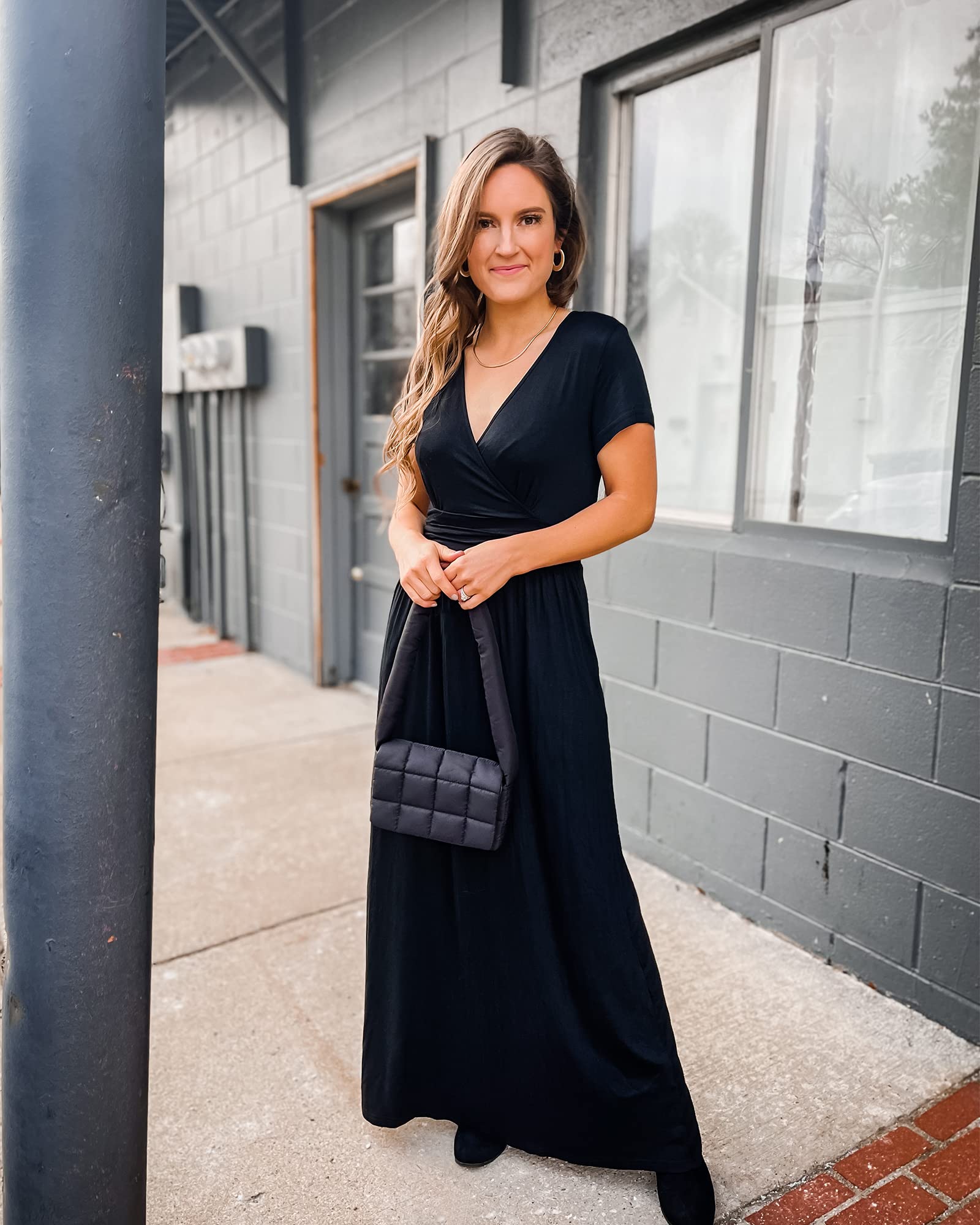 OUGES Women's Long/Short Sleeve V-Neck Wrap Waist Maxi Dress - Elegant Flowy Summer Beach Dress for Vacation, Wedding Guest & Casual Wear