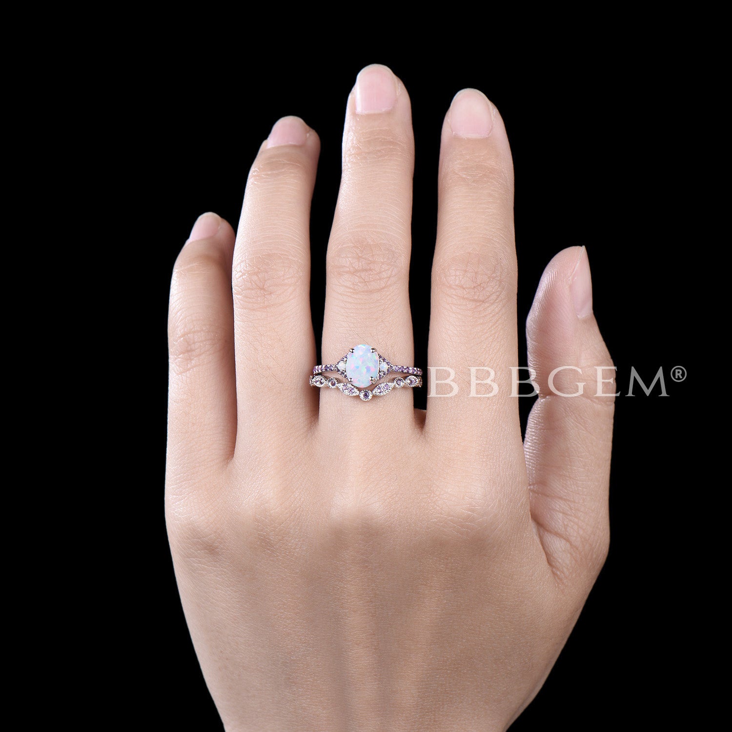 Amethyst Halo Accent Lab Opal Three Stone Engagement Ring Set - Elegant Wedding Jewelry for Proposals, Anniversaries & Special Occasions