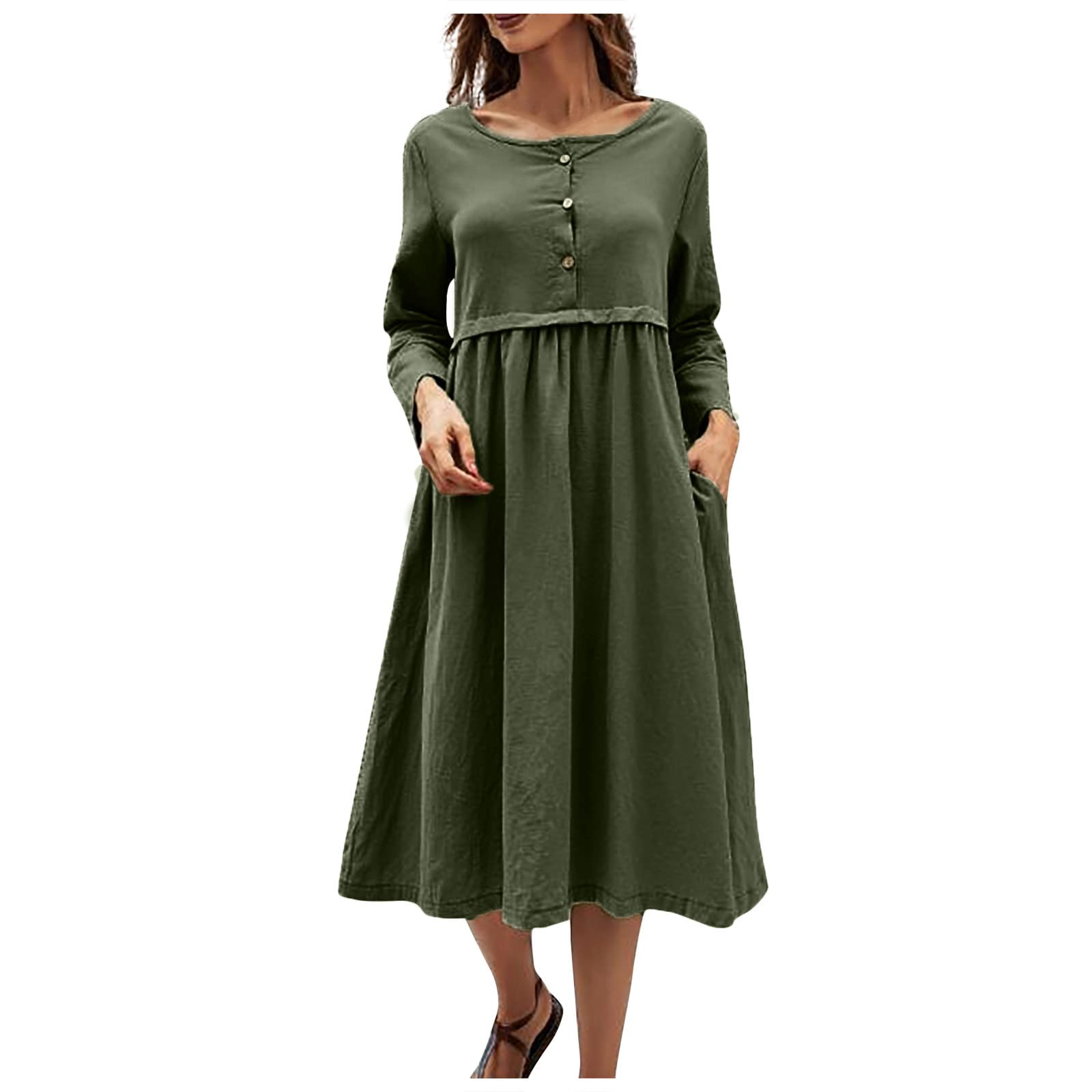 Elegant Women's Round Neck Cotton Linen Dress with Button Pocket - Medium Sleeve Loose Fit Solid Color Wedding Guest Dress for Summer Parties, Bridal Showers & Formal Occasions