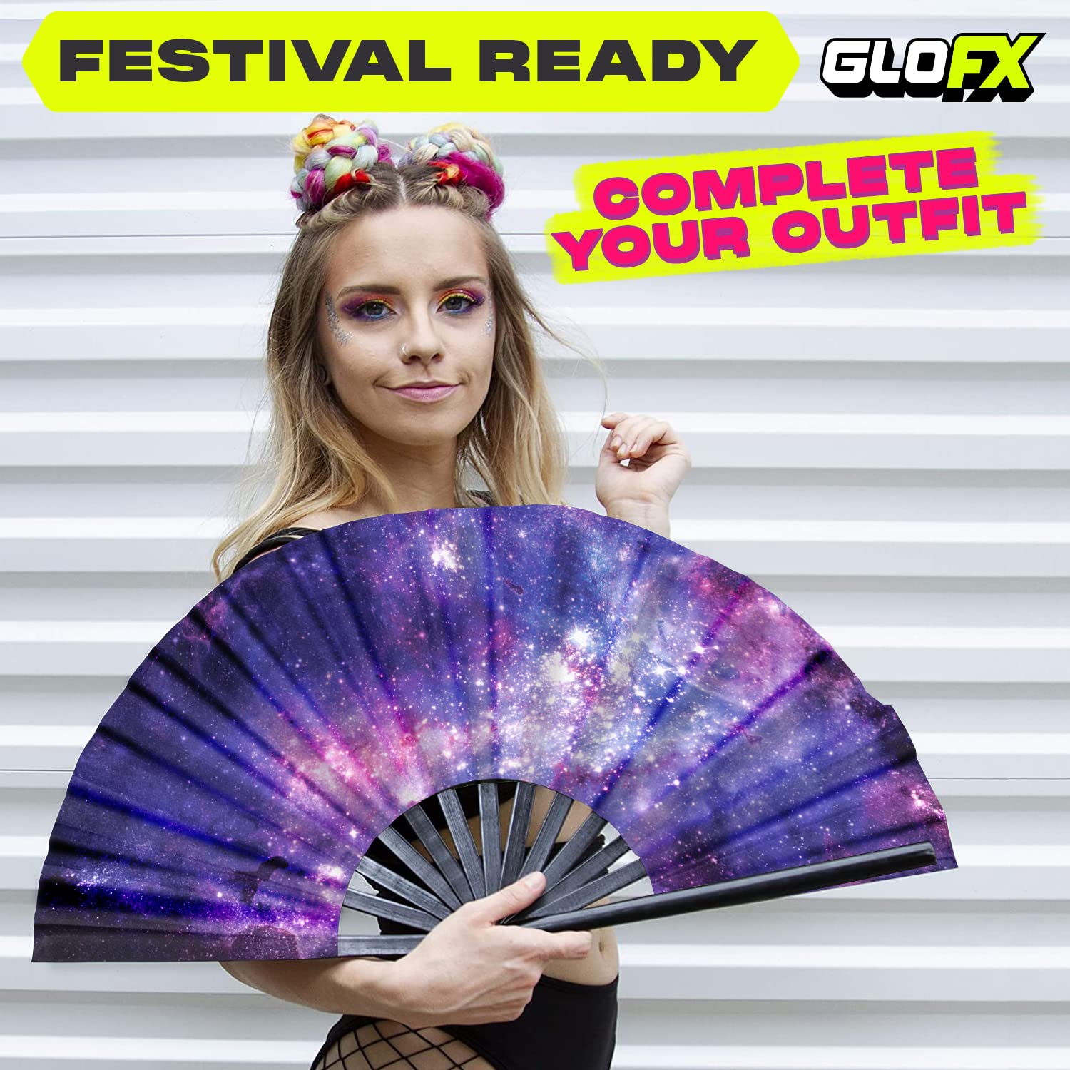 GloFX Galaxy Pattern Large Folding Hand Fan for Rave, EDM, Music Festivals & Parties - Cool & Stylish Clack Fan for Men & Women - Perfect for Dancing, Performances, Events & Gifts