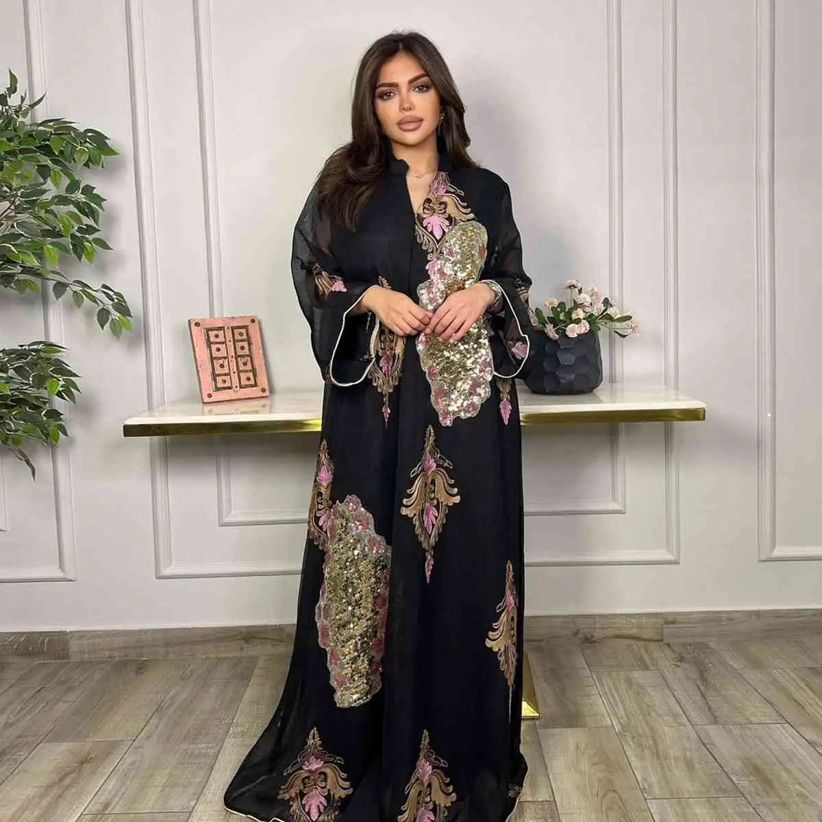 Elegant Sequin & Embroidered Women's Caftan Kaftan Dress - Eid Jalabiya for Special Occasions & Evening Parties