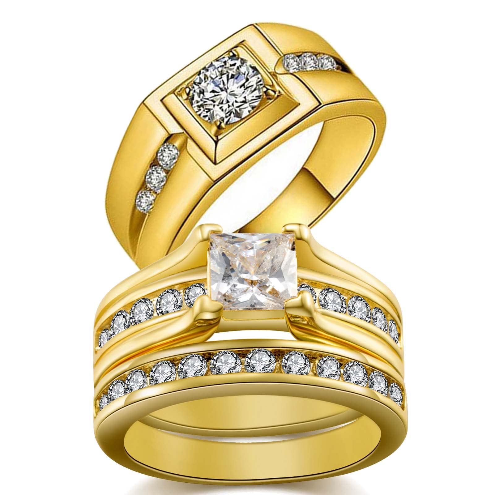 Gold Plated Matching Couple Rings - His and Her Wedding Band Set with AAA CZ Stones for Women | Romantic Anniversary Gift, Engagement Jewelry for Couples