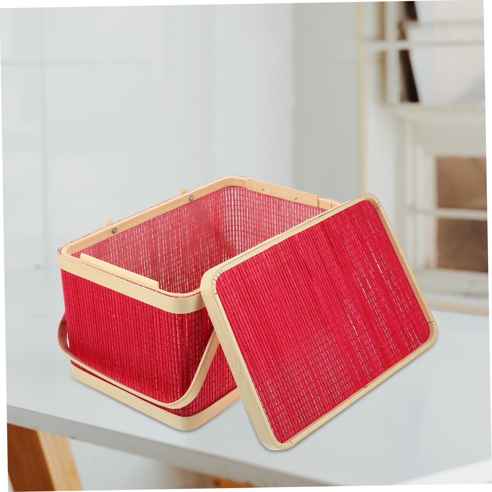 Handmade Red Rattan Flower Basket with Lid - Wicker Picnic Organizer for Candy, Snacks & Storage | Wood Packaging for Weddings, Parties & New Year Celebrations | Perfect for Home Decor, Gift Giving & Event Styling