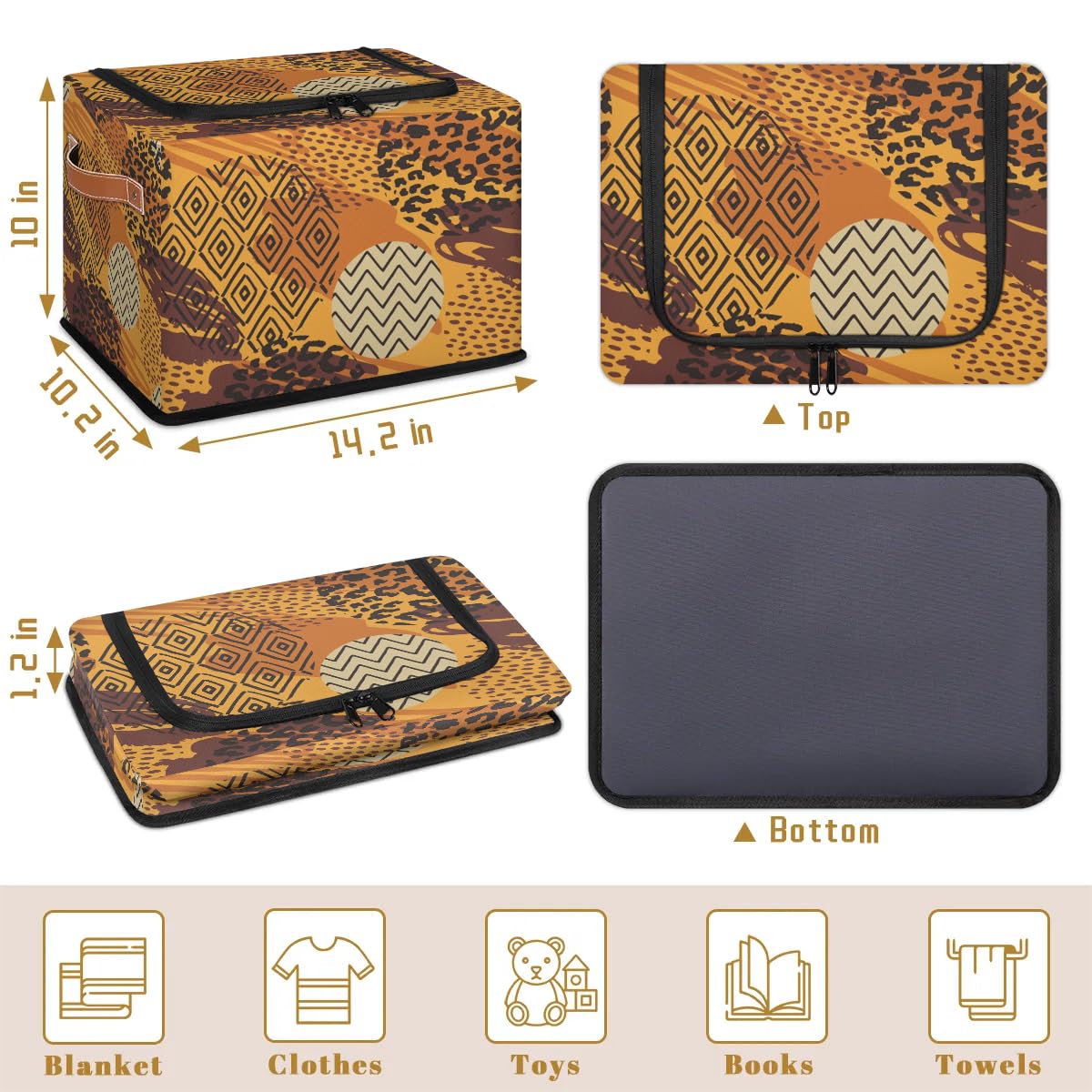2 Pack Animal Print Fabric Storage Bins with Zipper Lid - African Art Style Stackable Cube Baskets, Steel Frame Clothes Organizer for Shelf & Closet Storage | Perfect for Bedroom, Nursery, and Office Organization