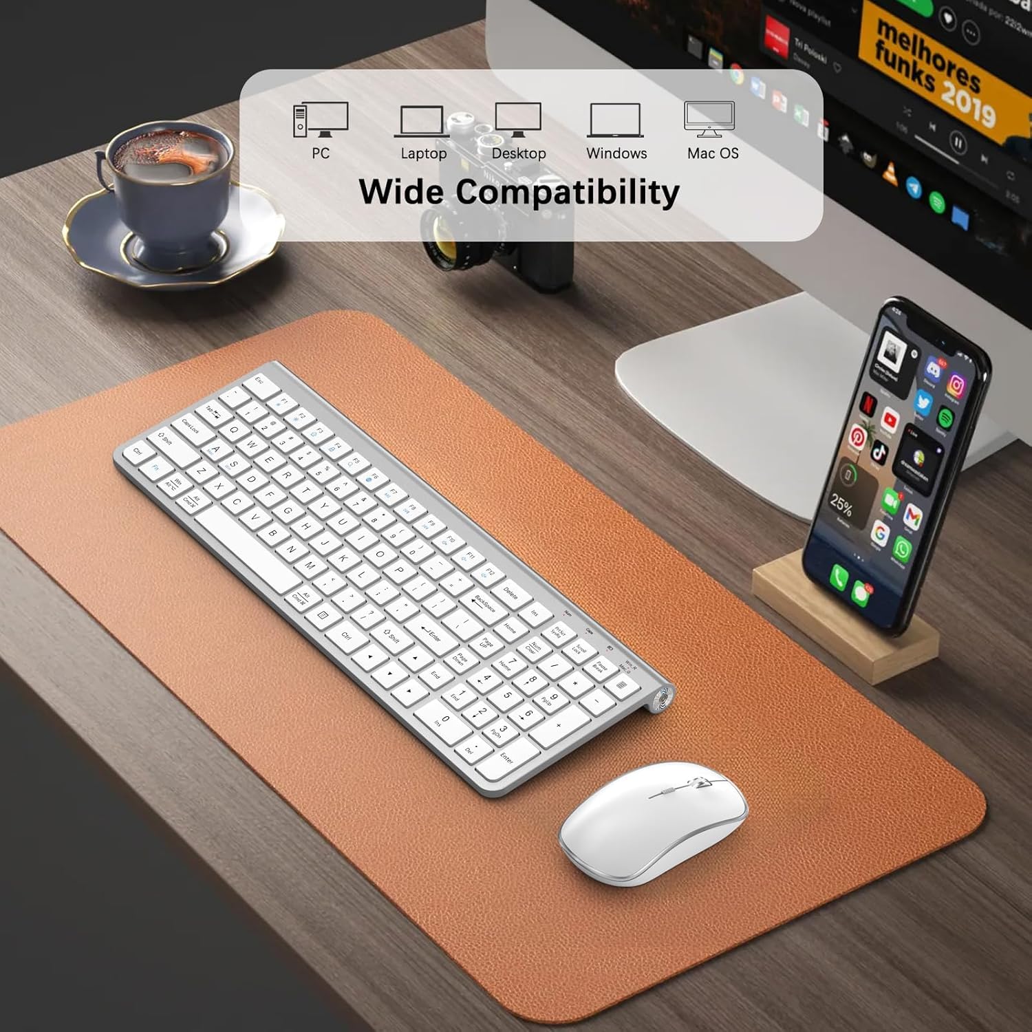 Upgraded Wireless Keyboard and Mouse Combo - Ergonomic, Dustproof, Portable with Number Keypad, Adjustable DPI for Laptop & PC (Windows/Mac) - Silver White - Perfect for Office, Home & Gaming Use