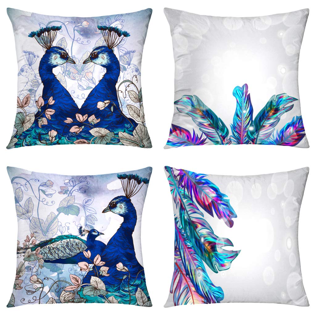 GALMAXS7 Blue Floral Peacock Vintage Feather Throw Pillow Covers 18x18 Inch Set of 4 - Light Navy Blue Gray Square Cushion Covers for Couch, Sofa, Living Room, Bedroom & Car Decor - Soft & Stylish Home Accent for Cozy Comfort