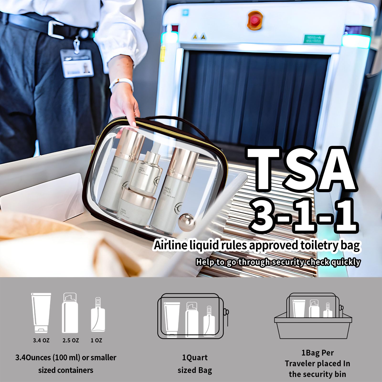 TSA Approved 3-Pack Clear Travel Toiletry Bags with Handles - Quart Size Leakproof Cosmetic Organizer for Women & Men - Airplane Carry-On Compliant (Black) - Perfect for Airport Security & Weekend Getaways