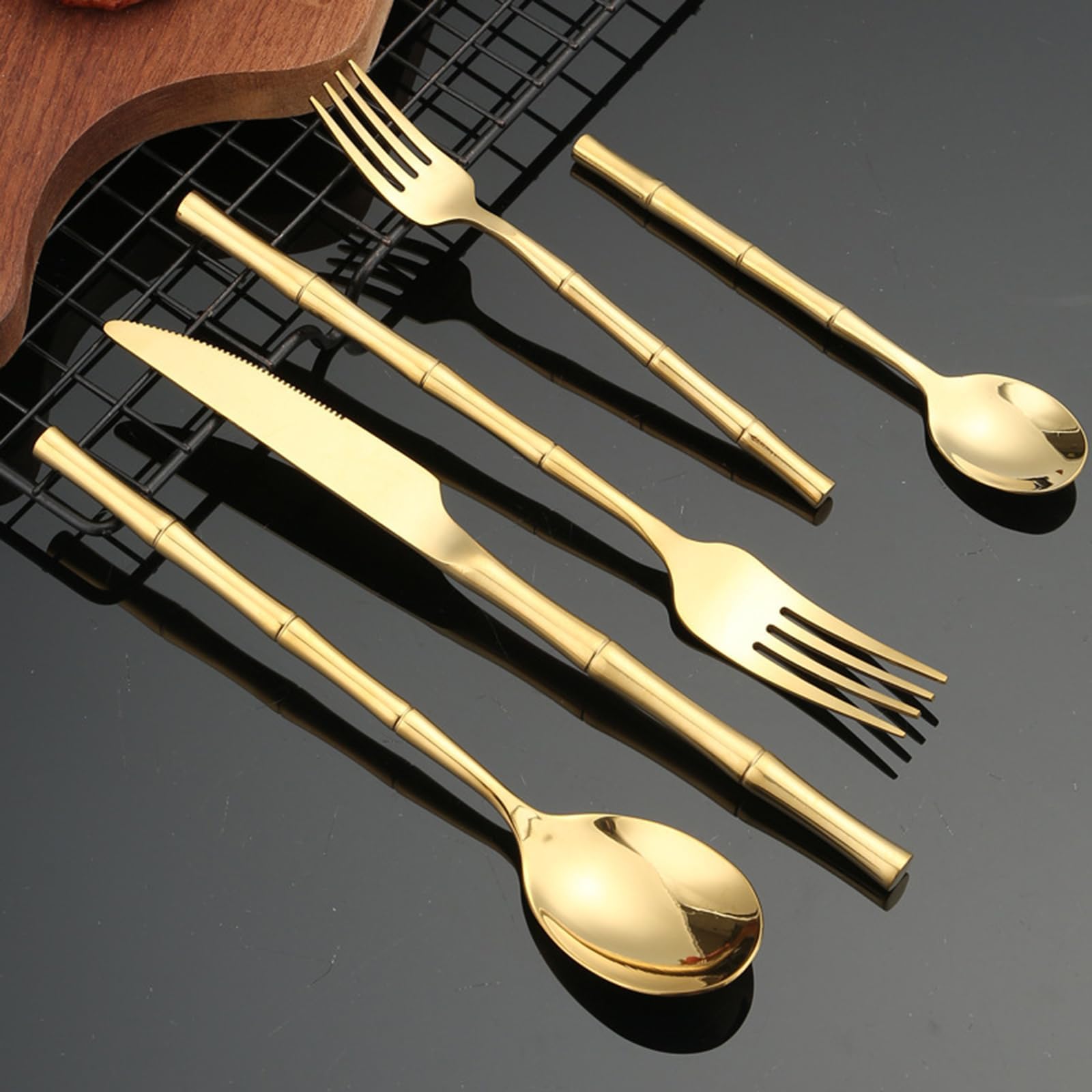 Premium 30-Piece Gold Silverware Set for 6 - 18/8 Stainless Steel Gold Flatware Set with Spoons, Forks & Knives - Elegant Gold Bamboo Cutlery for Home & Kitchen - Dishwasher Safe - Perfect for Dinner Parties, Weddings & Luxury Dining