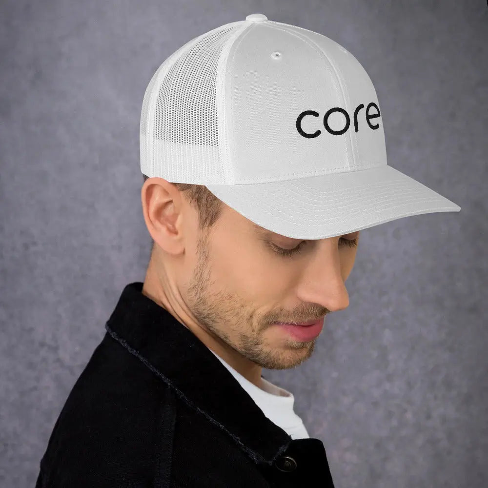 CORE Swimcore Trucker Hat - White Performance Mesh Snapback for Swimming, Fitness & Outdoor Activities | Lightweight Breathable Coach Cap for Men & Women