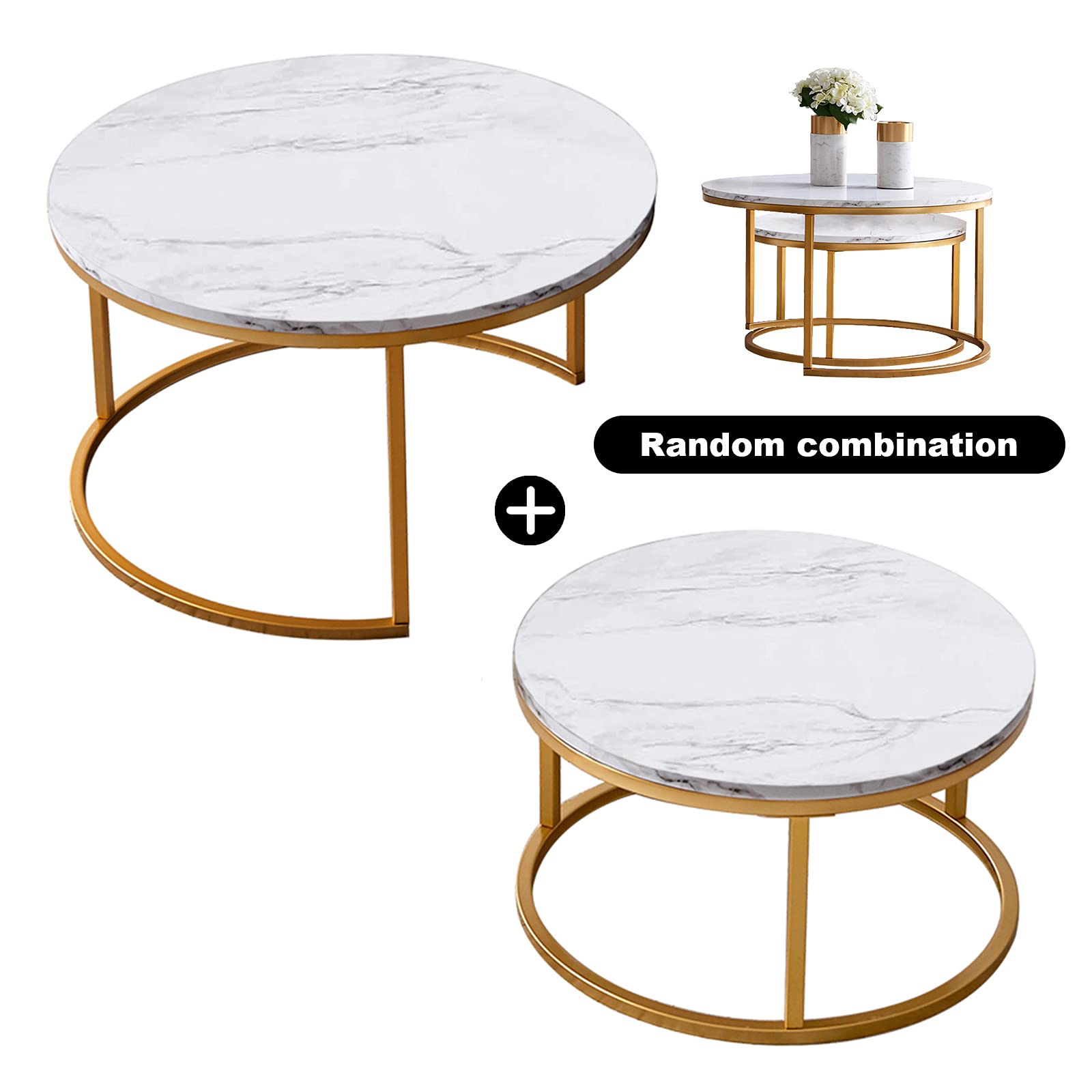 UNIE Modern Nesting Coffee Table Set of 2 - Round Accent Tables with Faux Marble Wood Top & Gold Metal Frame - Living Room, Office, Balcony Decor - Gold & White (ORW24714369) - Perfect for Small Spaces & Stylish Home Decor