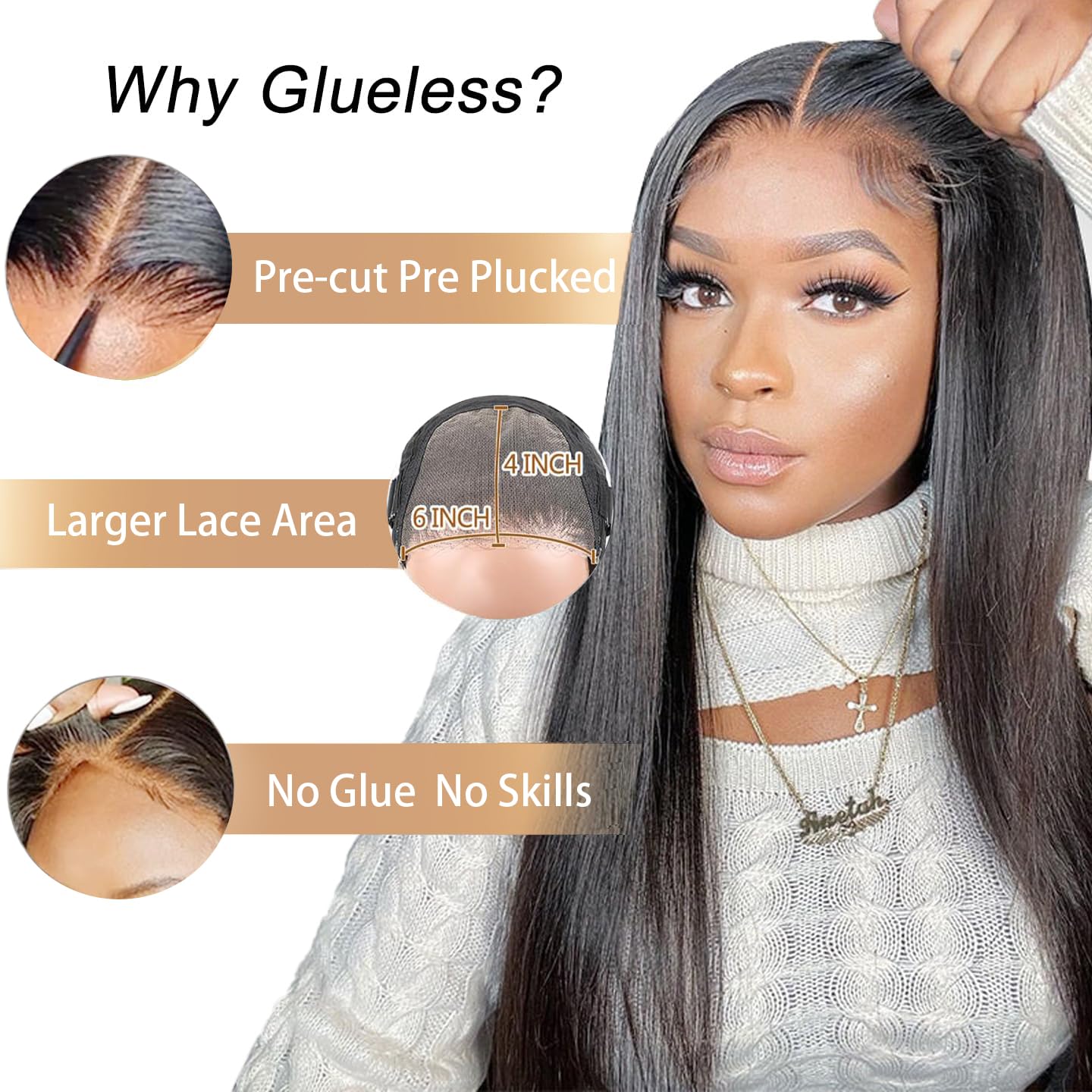 Glueless Human Hair Wigs for Women - 6x4 Straight Lace Front Wig with Pre Plucked & Pre Cut HD Lace, 180% Density, 30 Inch Natural Black, No Glue Needed, Ready to Wear - Perfect for Daily Wear, Parties, Cosplay & Protective Styling