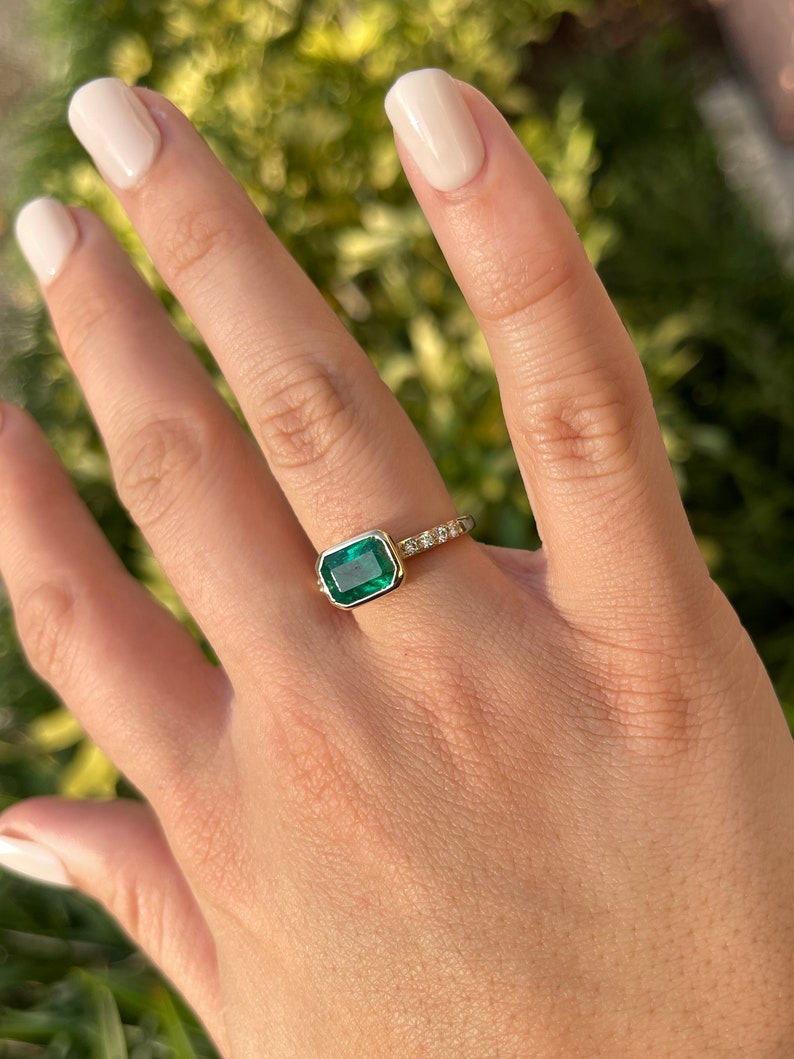2.62tcw 14K Gold Natural Emerald Cut East West Bezel Set Diamond Engagement Ring for Women - Perfect for Wedding, Anniversary & Special Occasions