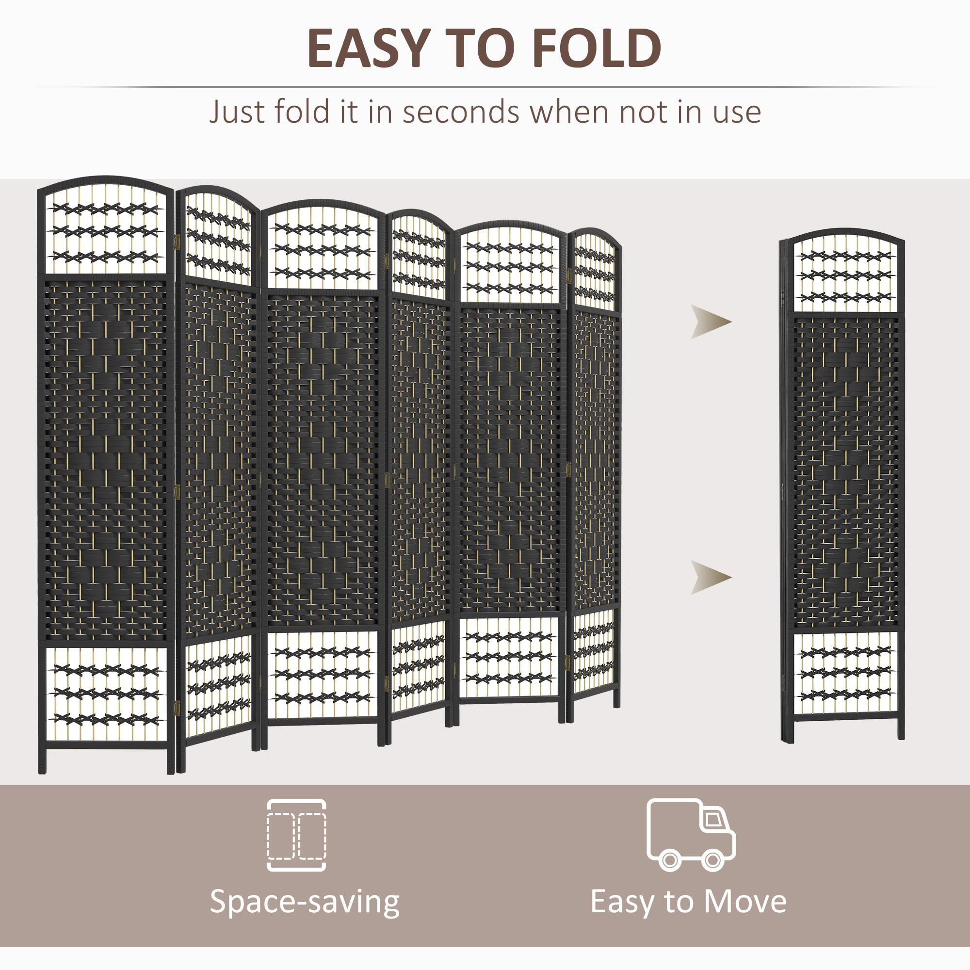 HOMCOM 6 Panel Folding Room Divider Privacy Screen - 5.6' Freestanding Partition Wall Separator with Wave Fiber Design in Black - Perfect for Home Office, Bedroom Privacy, Studio Space Division & Event Decoration