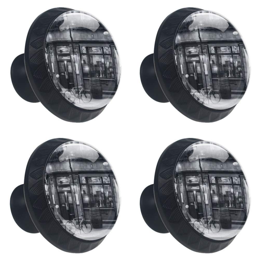 Vintage London Pub Illustration Round Cabinet Knobs - Black and White 4-Piece Set with Screws for Drawer, Wardrobe, Cupboard & Dresser - Perfect for Home Office, Kitchen & DIY Furniture Upgrade