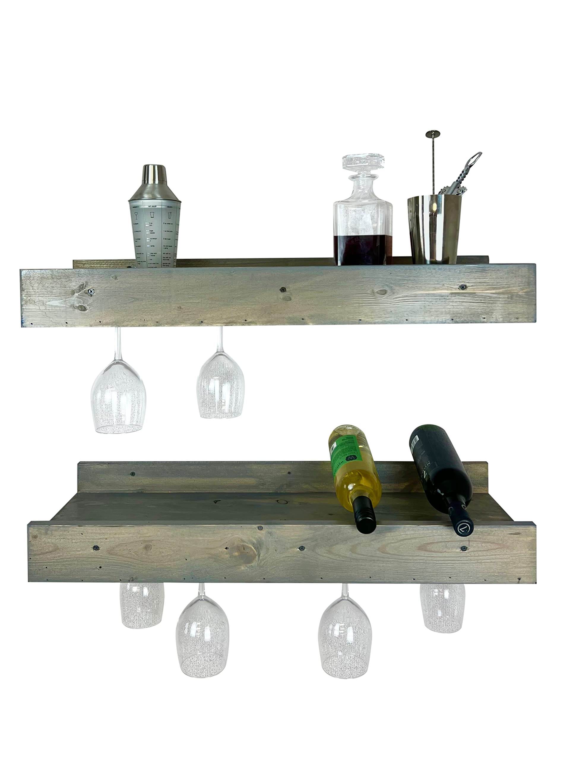 Premium Wooden Stemware Shelves Set of 2 - Wall Mounted Pine Wine Glass Racks for Bar, Kitchen & Dining Room - Decorative Gray Barware Storage (36 Inch) - Perfect for Wine Glass Organization & Home Entertaining