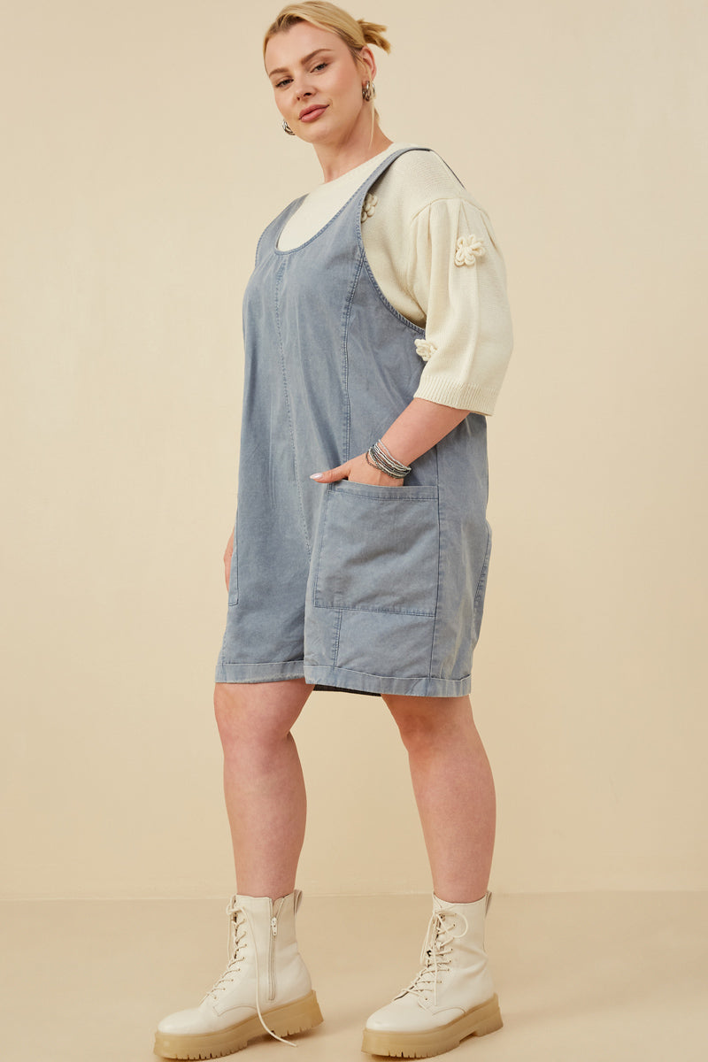 Women's Washed Denim Patch Pocket Scoop Neck Sleeveless Romper Jumpsuit - Casual Summer Outfit for Beach, Vacation & Street Style