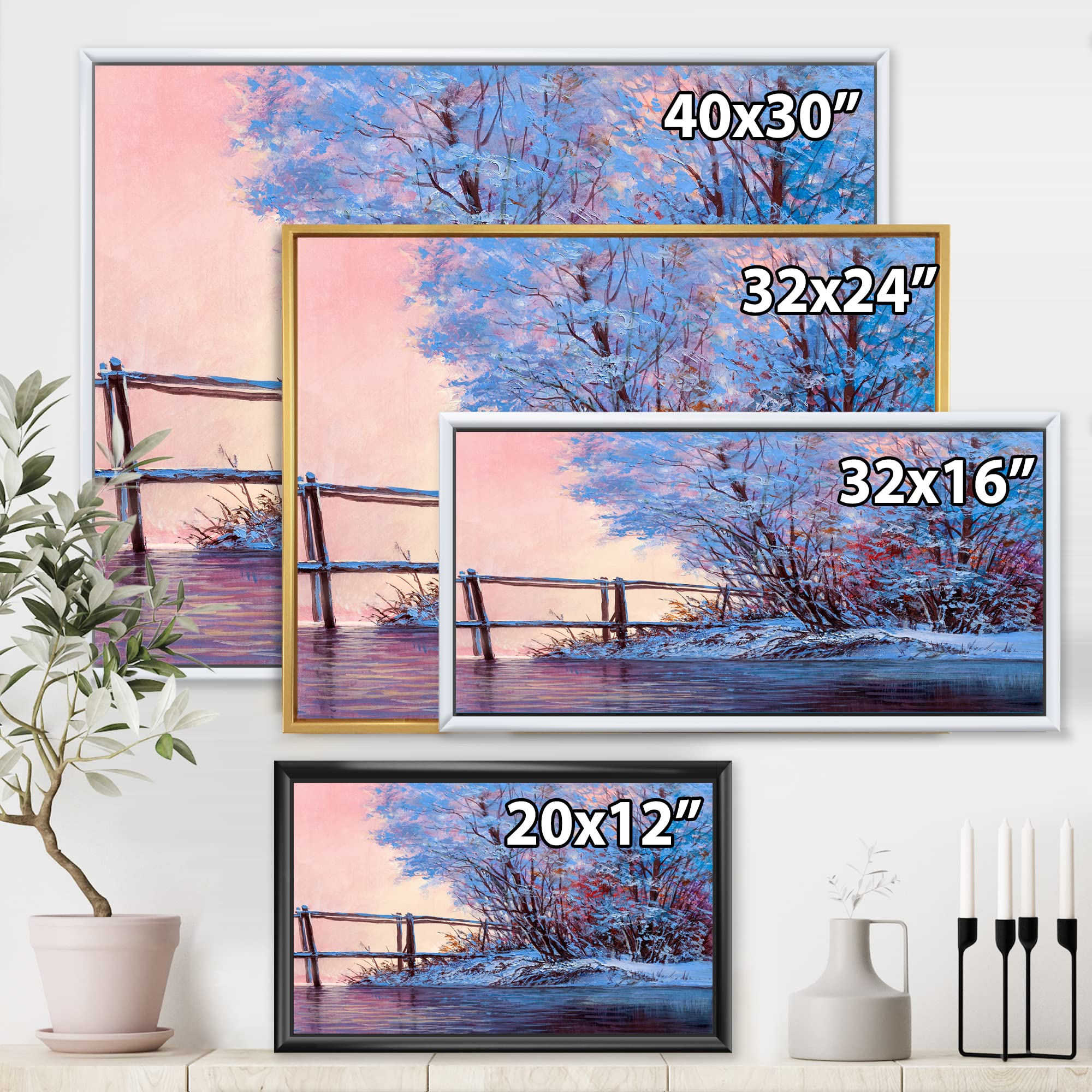 DesignQ Winter Scenery Framed Canvas Wall Art - Snowy Bridge Over Meandering River Landscape Painting for Lake House Decor | Perfect for Living Room, Bedroom & Office Wall Decor