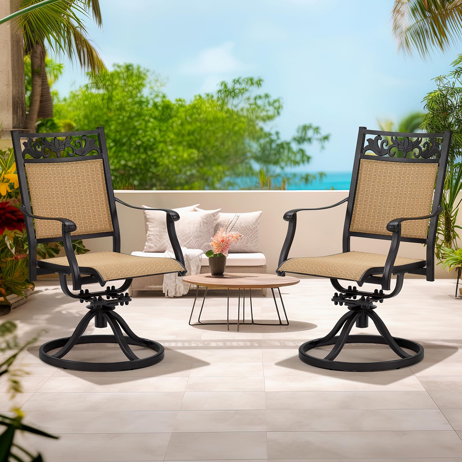 EROMMY 2-Piece Patio Swivel Chair Set - All-Weather Cast Aluminum Outdoor Sling Dining Chairs with 360° Swivel Base - Comfortable Rocking Chairs for Backyard, Garden, Deck, Porch & Balcony - Perfect for Outdoor Dining, Relaxing & Entertaining (Brown)