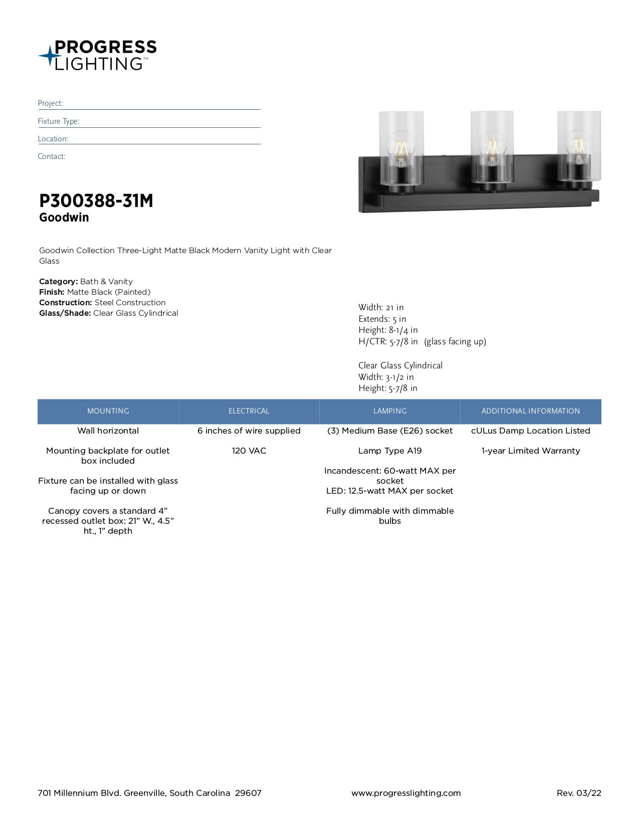Goodwin Collection 21 Inch 3-Light Matte Black Modern Bathroom Vanity Light with Clear Glass Shades - Perfect for Bathroom Mirror Lighting, Powder Room, and Master Bath Decor