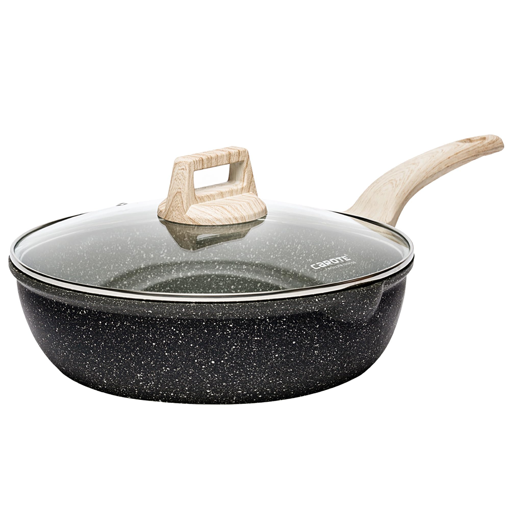 CAROTE 12-Inch Nonstick Deep Frying Pan with Lid - 5.5 Qt Jumbo Cooker Saute Pan, Induction Compatible Skillet with Pour Spout - PFOA-Free Granite Coating - Perfect for Frying, Searing & Sauteing - Ideal for Home Cooking & Professional Kitchens