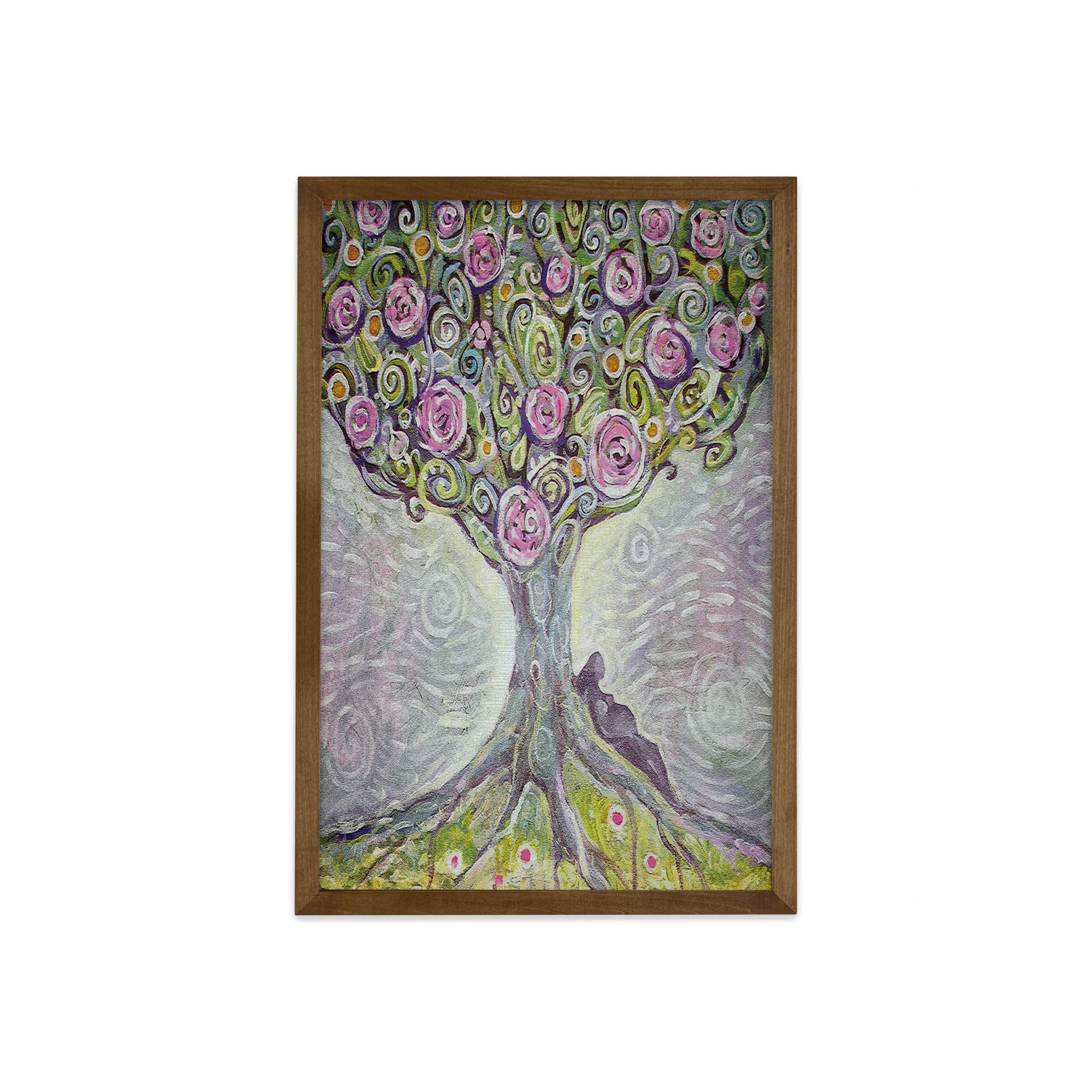Ambesonne Tree of Life Framed Wall Art - Blossom Plant Illustration in Spring Love Universe Design, Purple Pink Green Fabric Decor with Teak Wood Frame (23