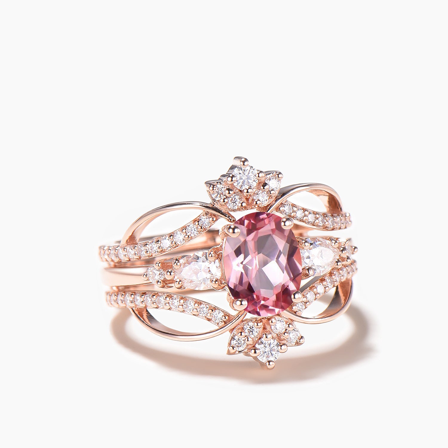 Oval Padparadscha Sapphire & Moissanite Engagement Ring Set - Bridal Wedding Band Enhancer for Women | Perfect for Proposals, Anniversaries & Special Occasions