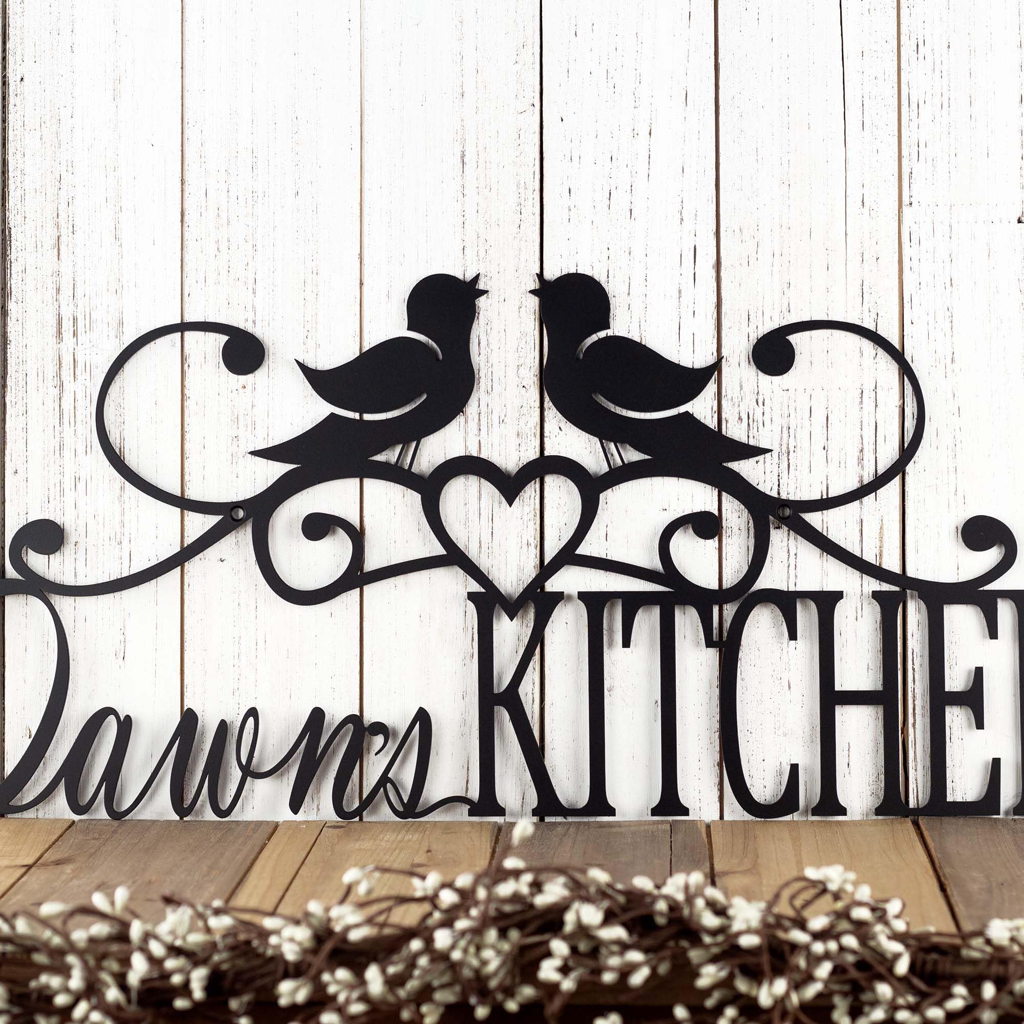 Custom Metal Kitchen Name Sign with Birds, Heart & Scrolls - Personalized Home Decor for Farmhouse, Rustic & Country Style Kitchens