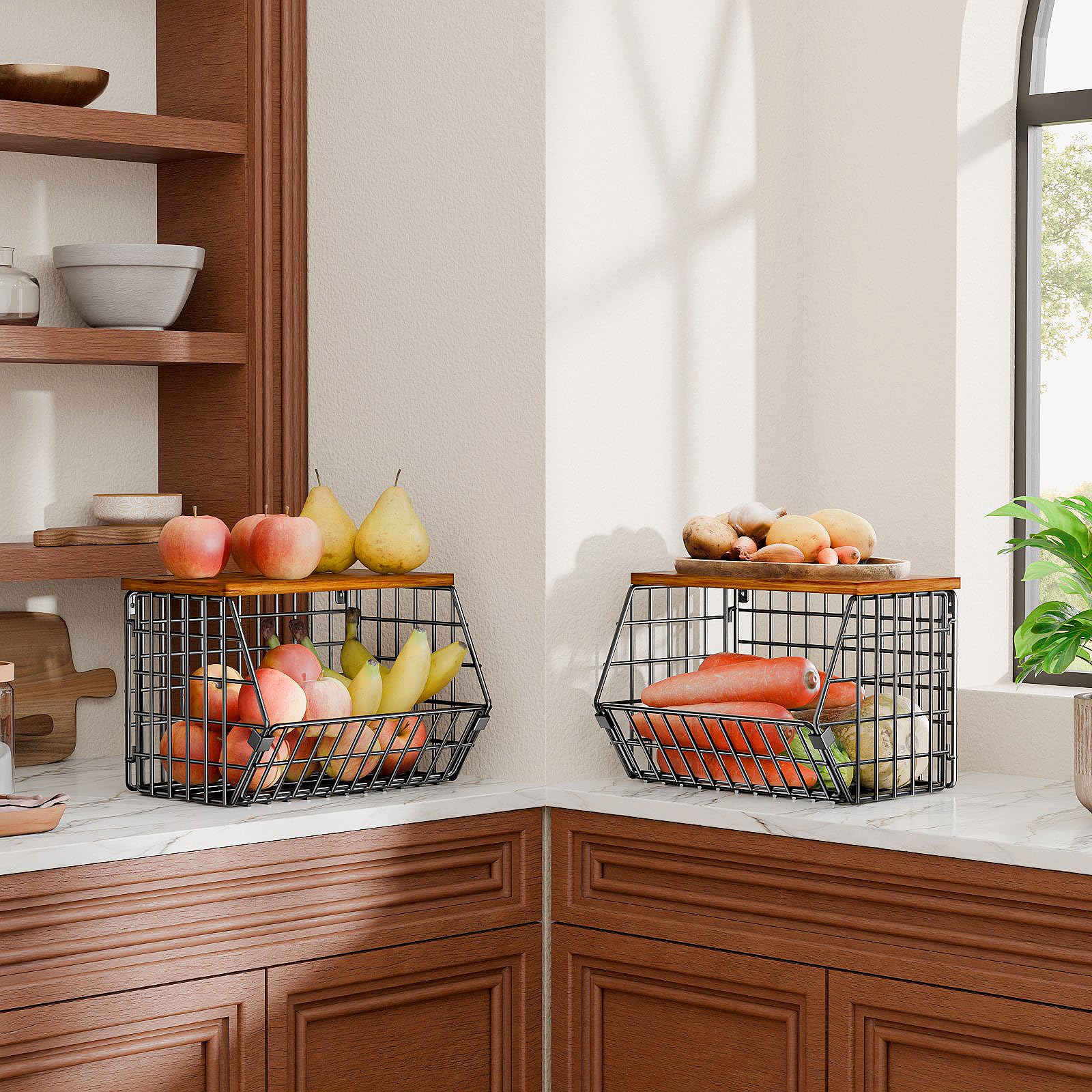 SUFAUY 2-Pack Black Wire Fruit Basket for Kitchen - Pantry Storage Bin for Potatoes, Onions & Bread - Countertop or Wall Mounted Organizer for Fresh Produce & Bakery Items