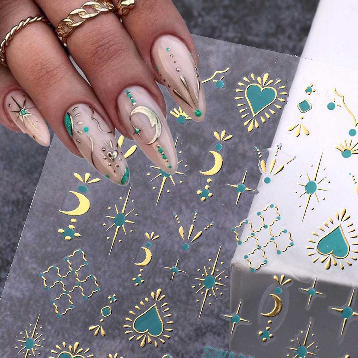 8 Sheets Sun Moon Star Nail Stickers - Silver Gold Heart 3D Self-Adhesive Nail Art Decals for DIY Manicure, Blue Green Red Stars Nail Design Stickers for Women & Girls - Perfect for Parties, Holidays & Nail Salon Decoration