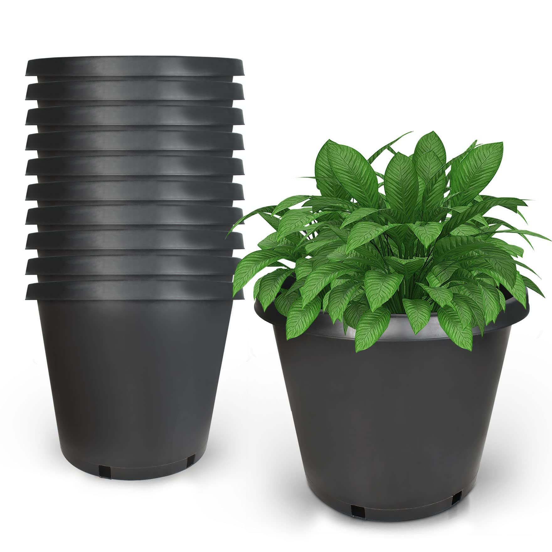 10PCS 12.7 Gallon Round Heavy-Duty Plastic Plant Pots - Injection Molded Nursery Containers for Indoor/Outdoor Plants, Flowers & Vegetables (Black) | Perfect for Home Gardening, Landscaping & Commercial Greenhouse Use