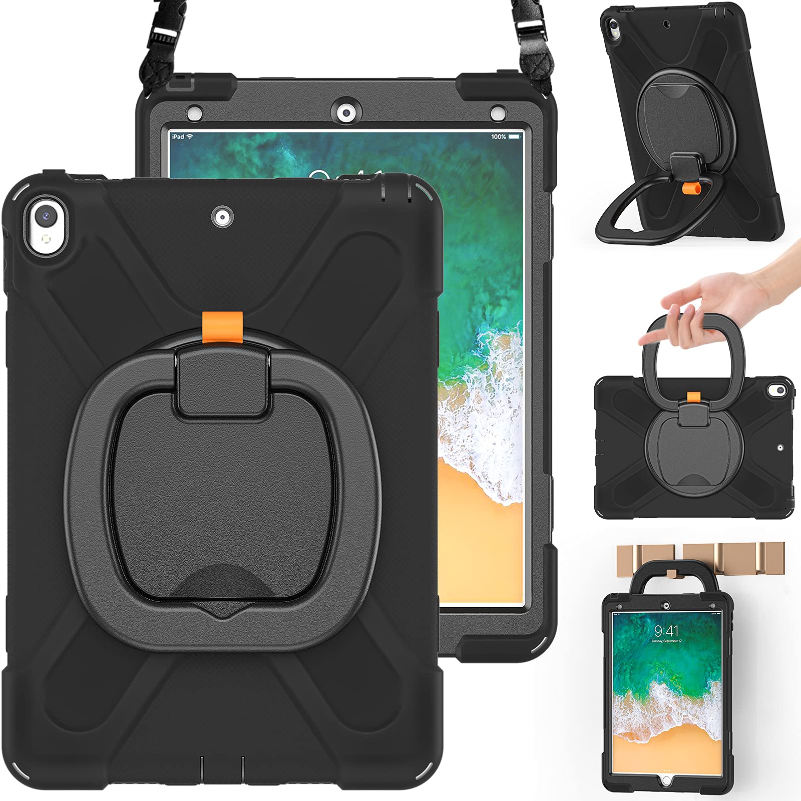 BRAECN Heavy Duty Protective Case for iPad Air 3 (10.5-inch 2019) & iPad Pro 10.5 (2017) - Shockproof Silicone Cover with Apple Pencil Holder, Rotating Hand Grip, Adjustable Shoulder Strap & Kickstand - Perfect for Travel, Work & School (Black)