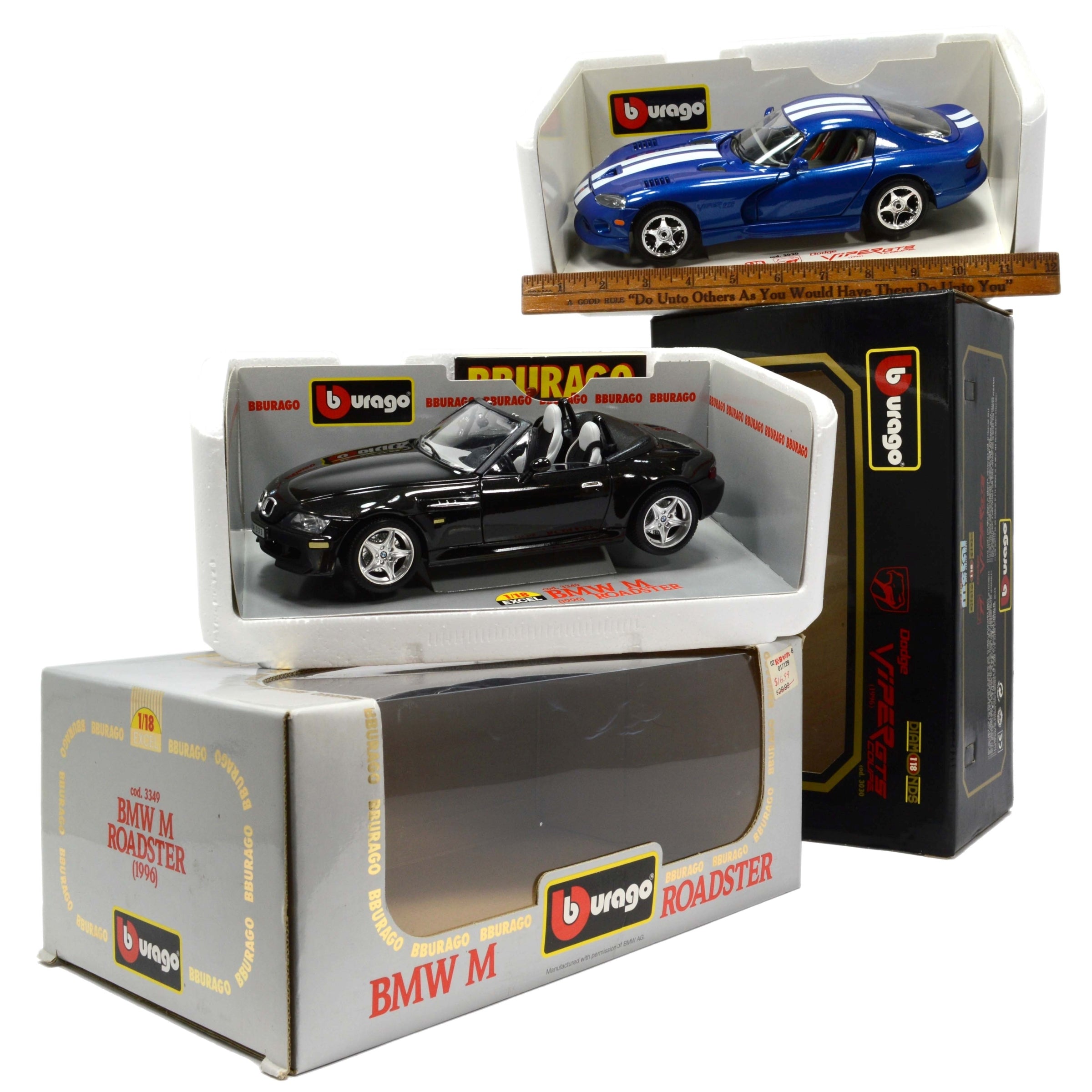 2-Pack BURAGO 1:18 Scale Diecast Model Cars - BMW M Roadster #3349 & Dodge Viper #3030 | Collectible Display for Car Enthusiasts & Perfect Gift for Auto Lovers