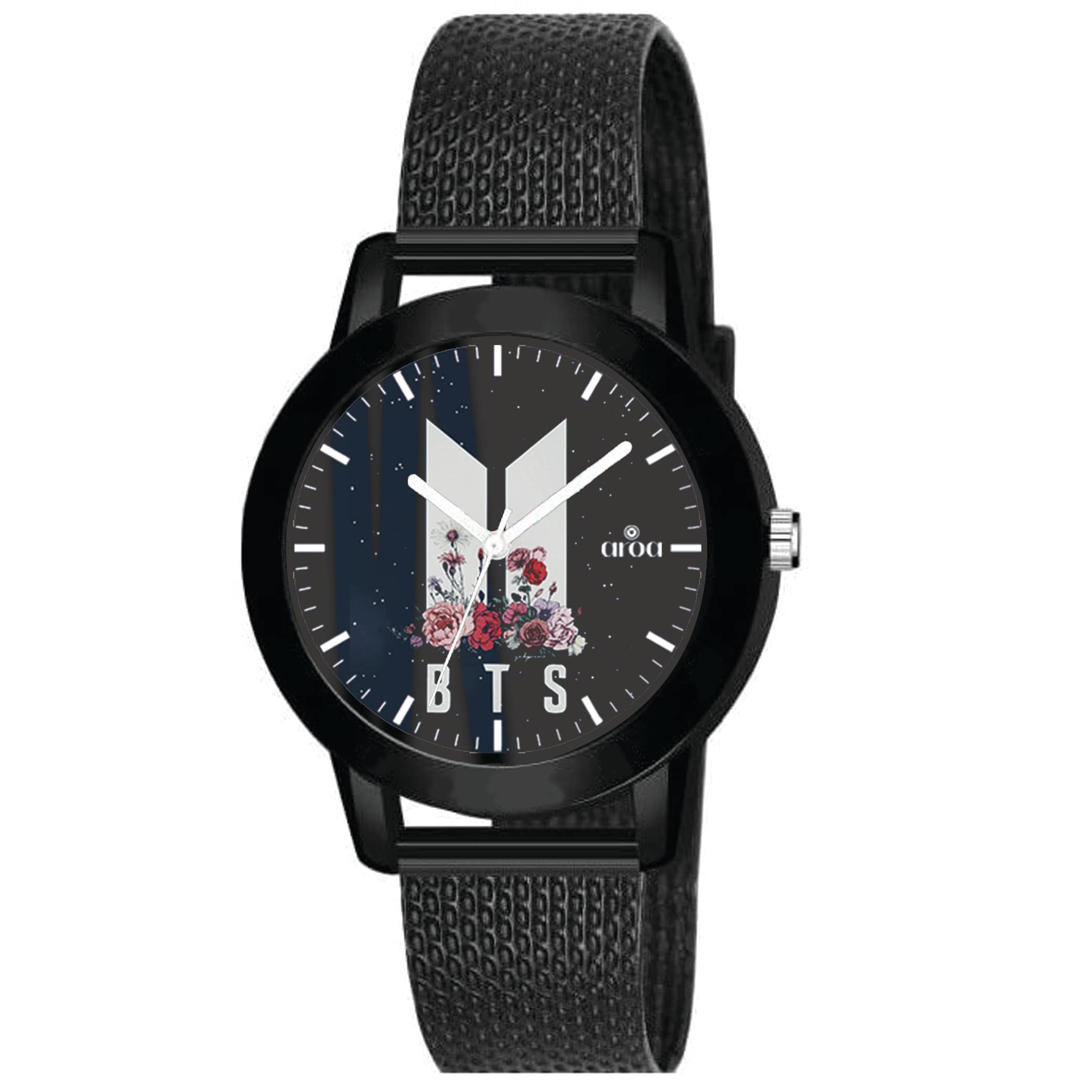 BTS Army Logo AROA Women's Black Metal Rubber Strap Analog Watch with Black Dial - Stylish Fashion Watch for Girls, Perfect for K-Pop Fans, Concerts, and Everyday Wear