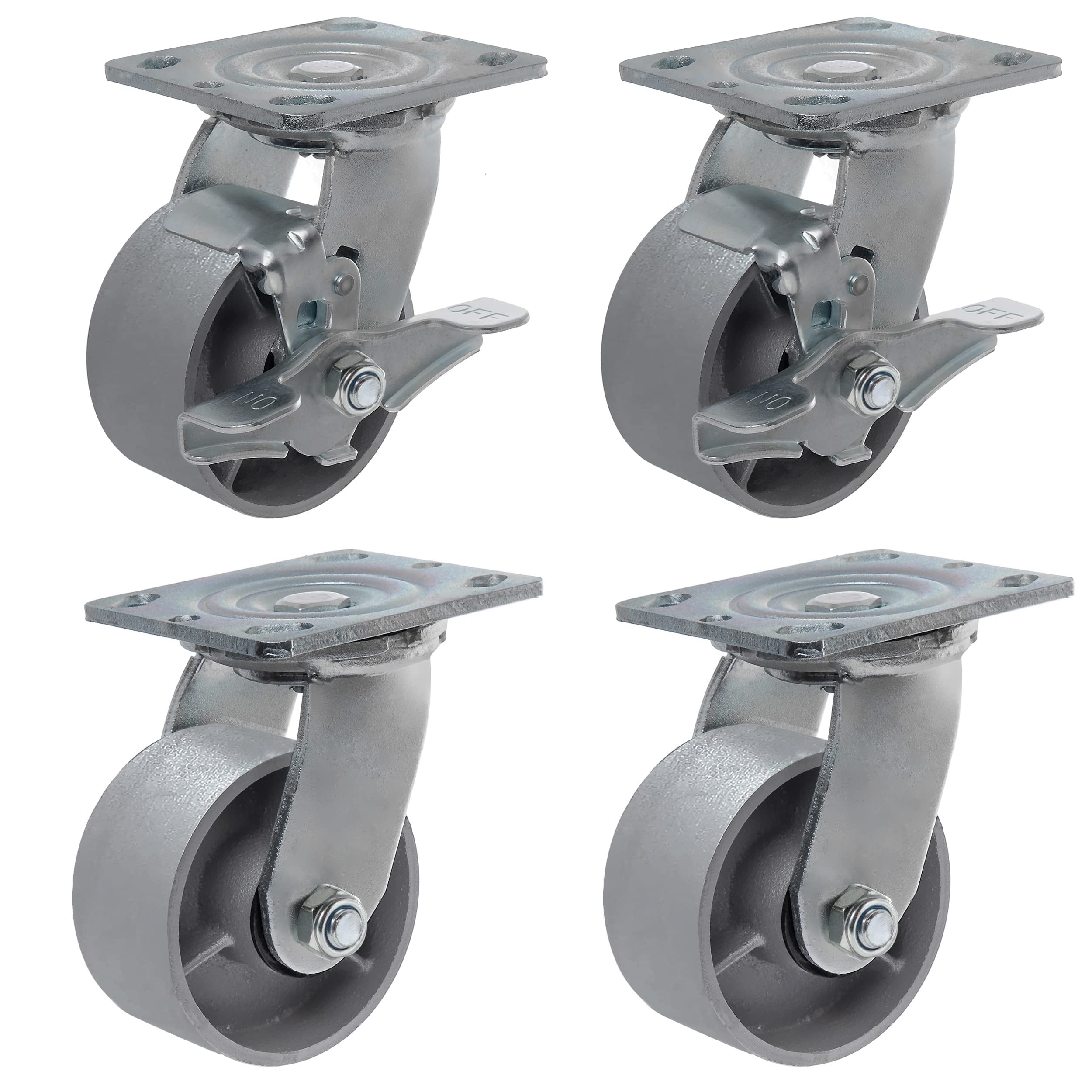 Heavy Duty 4 Inch Steel Cast Iron Swivel Caster Wheels - 3000 LB Capacity (2 Brake & 2 Swivel) for Tool Boxes, Workbenches, Industrial Equipment & Workshop Applications