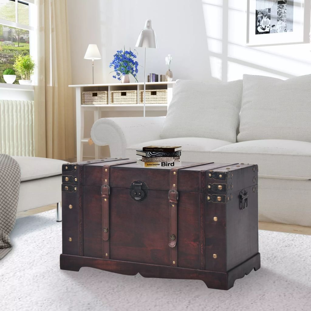 Vintage Brown Wood Jewelry Storage Chest - Large Decorative Treasure Box with Iron Lock & Leather Straps for Jewelry, Keepsakes & Home Decor - Perfect for Living Room, Bedroom & Gift Giving