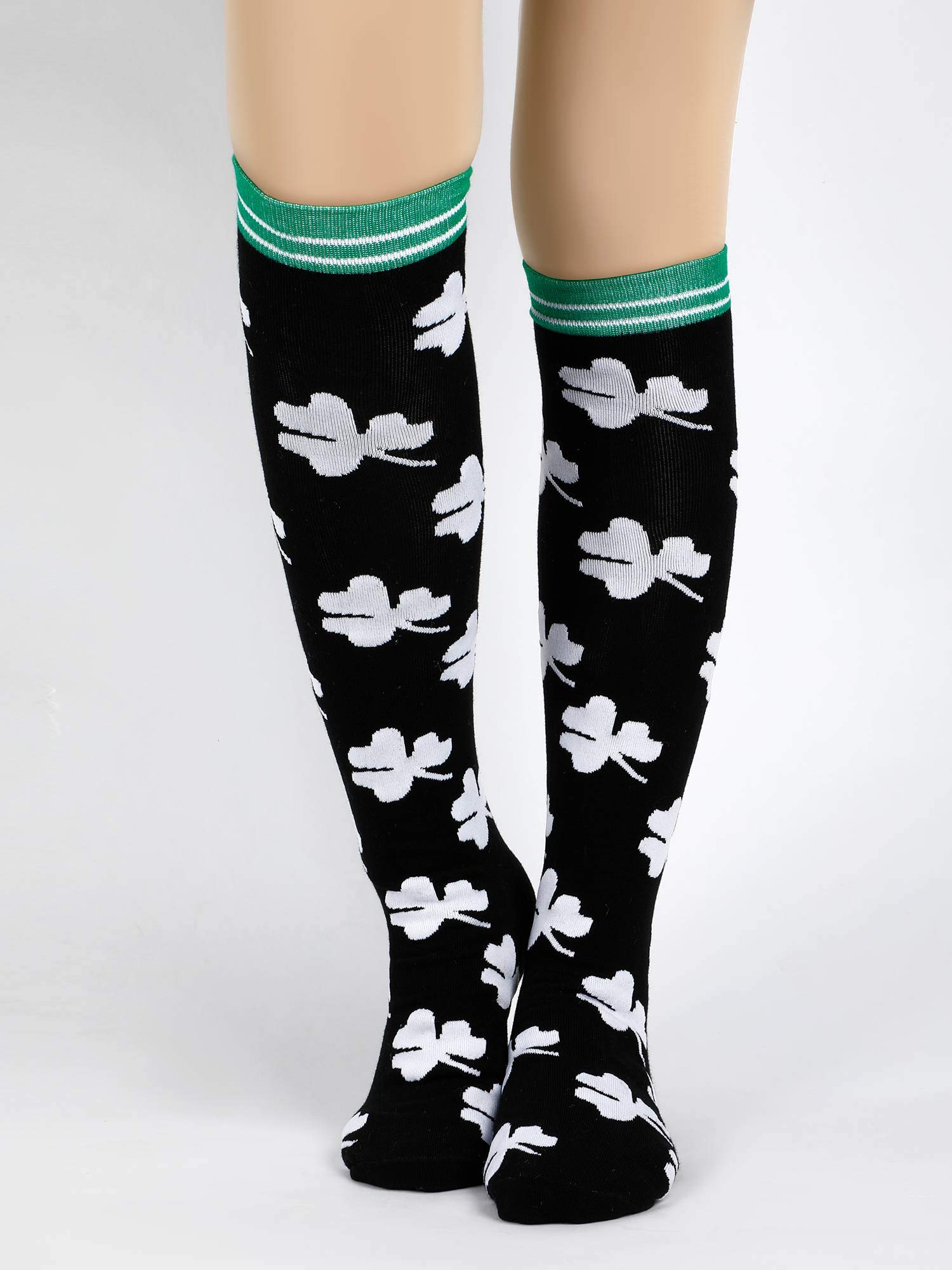 Geyoga 4 Pairs St. Patrick's Day Knee High Stockings - Shamrock Clover Irish Costume Socks for St. Patrick's Day, Mardi Gras, Halloween & Cosplay Parties - Festive Daily Wear Socks for Women & Girls