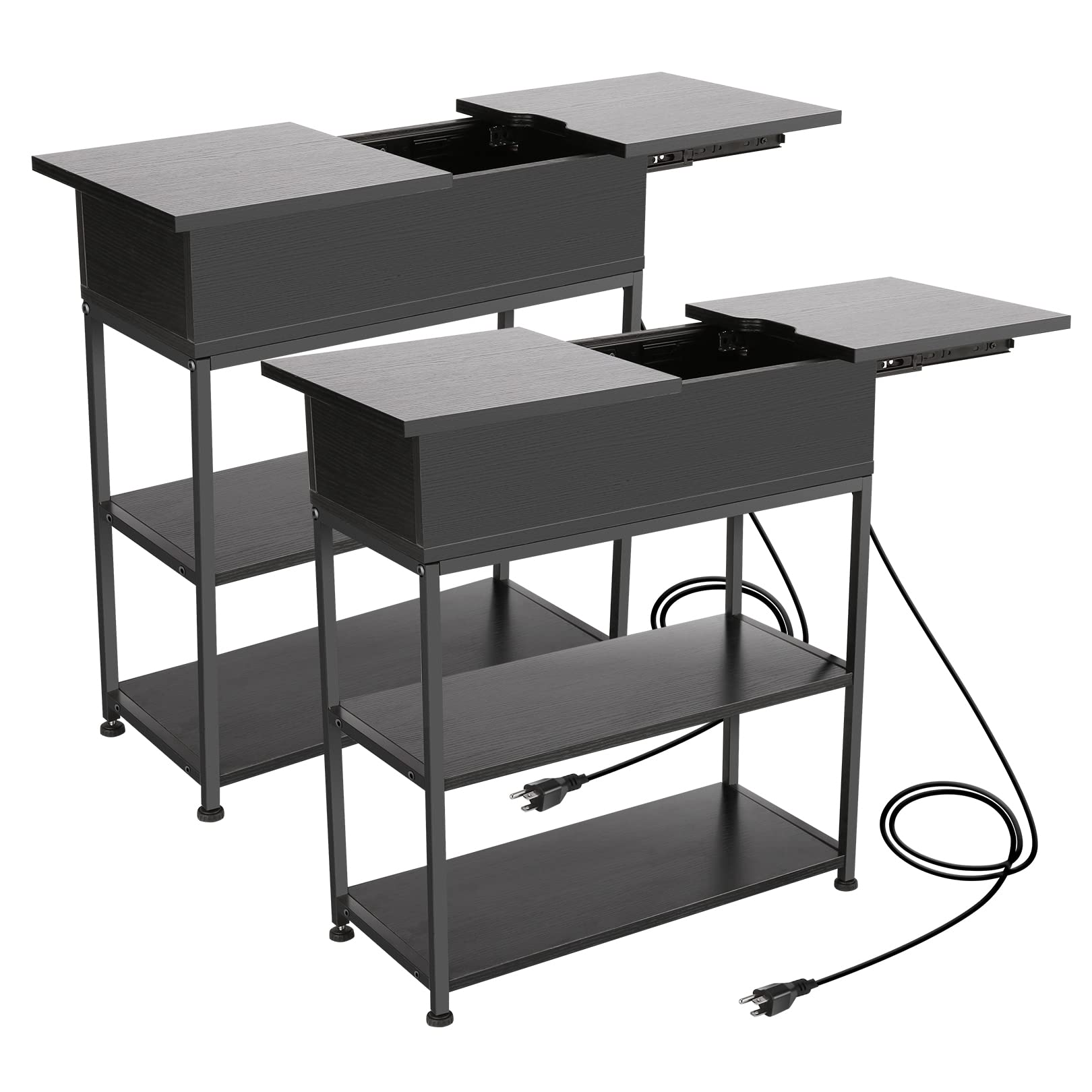 Likein 2-Pack End Tables with USB Ports & Outlets - Modern Side Tables with Sliding Tabletop & Storage Shelves - Charging Station Nightstands for Bedroom, Living Room - Black - Perfect for Small Spaces & Tech Lovers