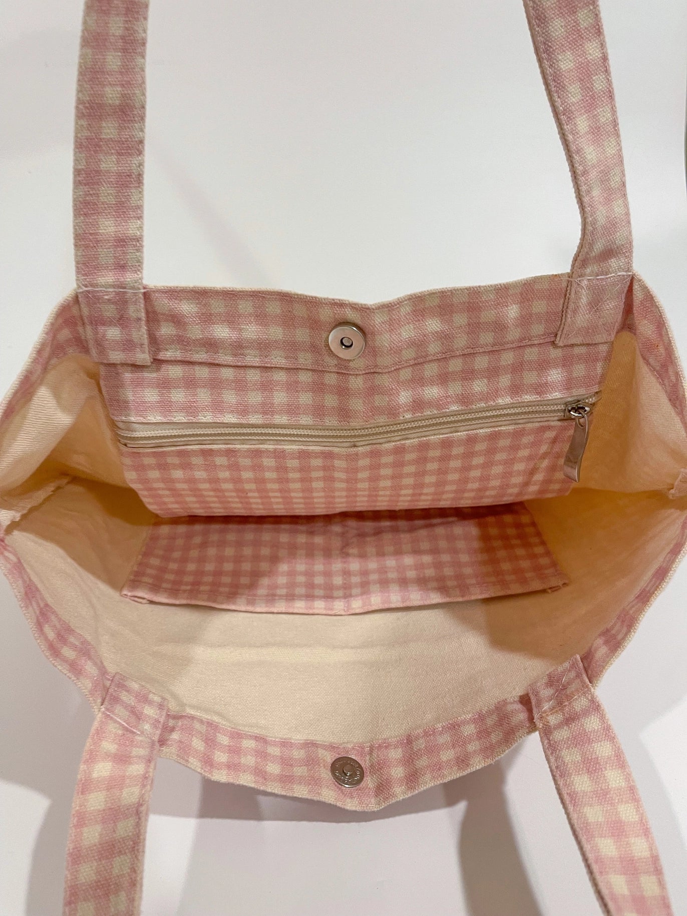 Strawberry Gingham Tote Bag for Women - Pink Canvas Shoulder Bag with Magnetic Closure & Interior Pockets (15