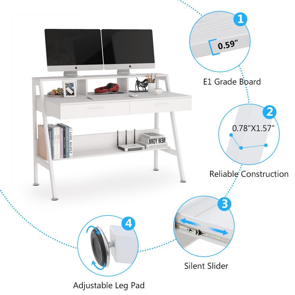 Modern White Computer Desk 47 Inch - Sturdy Writing Desk with Storage Shelf & Drawers for Home Office, Gaming & Study Workspace