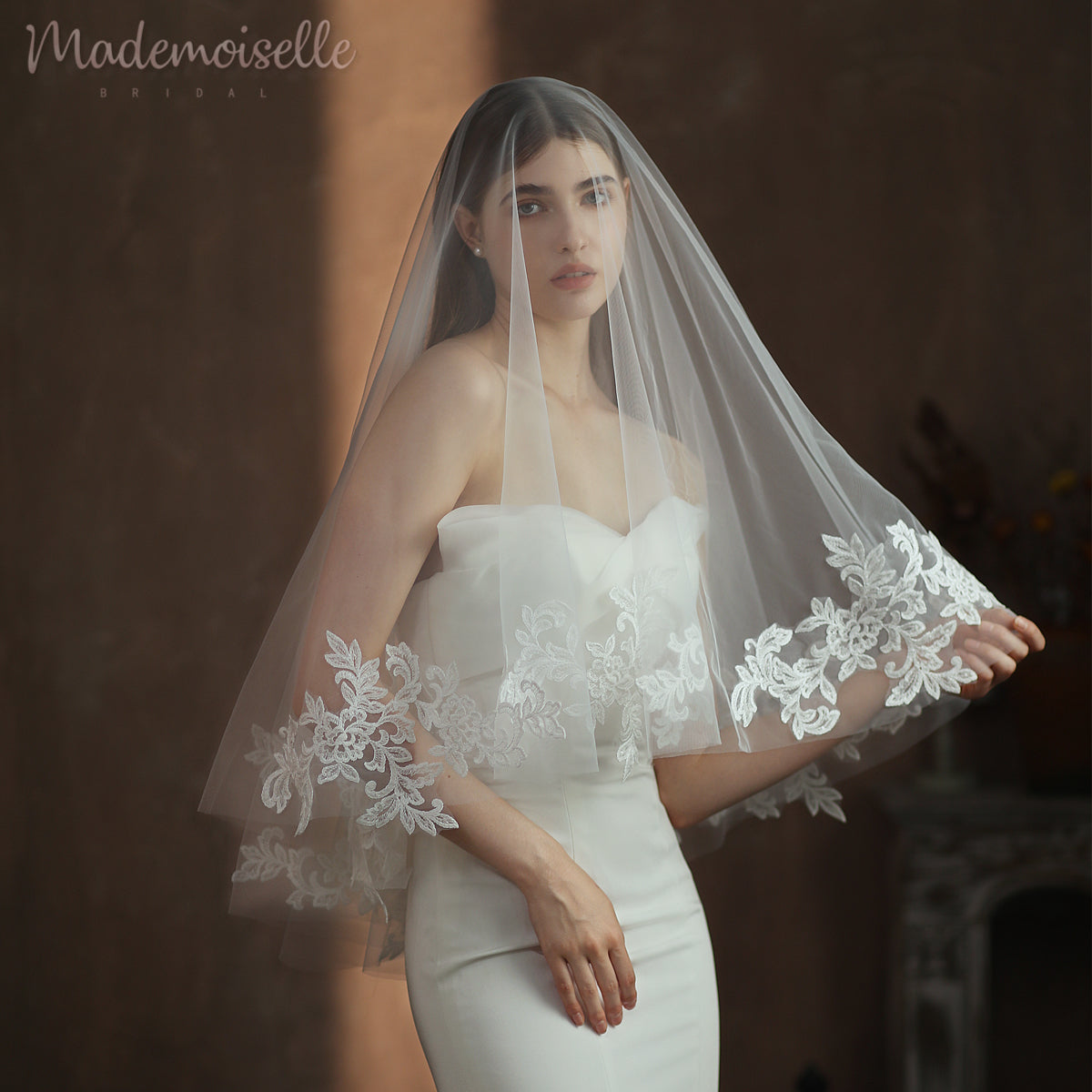 Emma Veil - Elegant Bridal Wedding Veil with Lace Trim for Bride, Perfect for Church Ceremony & Outdoor Weddings