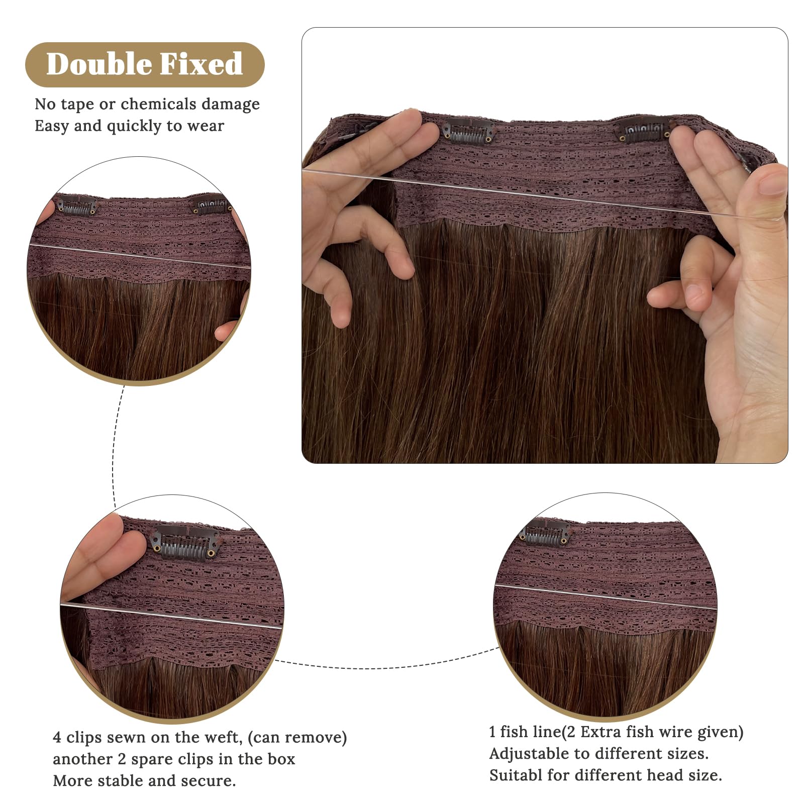 Halos 22 Inch 100g Medium Brown Human Hair Extensions with Invisible Wire - Remy Human Hair with Natural Highlights - Perfect for Daily Wear, Parties & Special Occasions