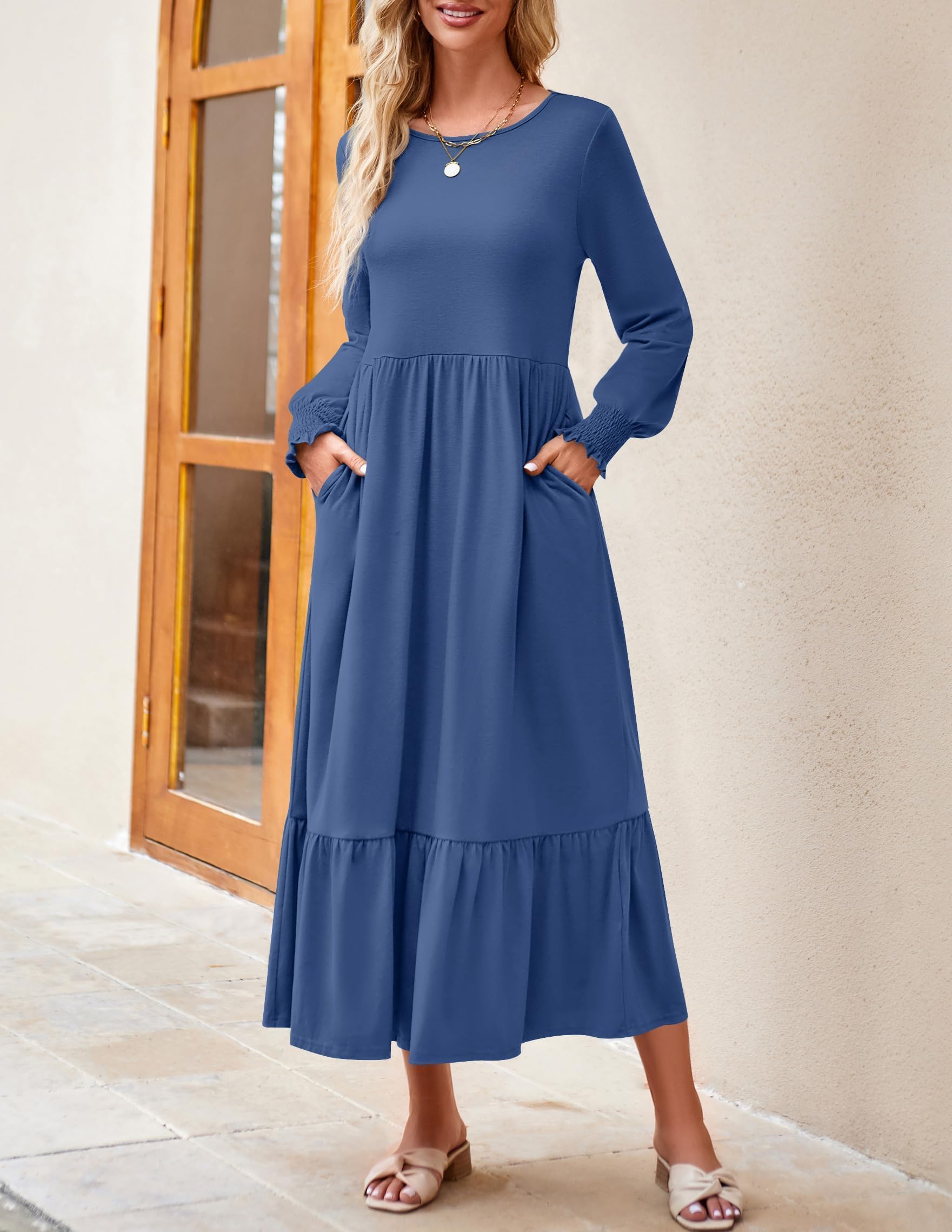 ZESICA Women's Spring Long Sleeve Crewneck Dress 2025 - Casual Loose Pleated Tiered Swing Midi Dress with Pockets | Perfect for Office, Brunch & Spring Outings