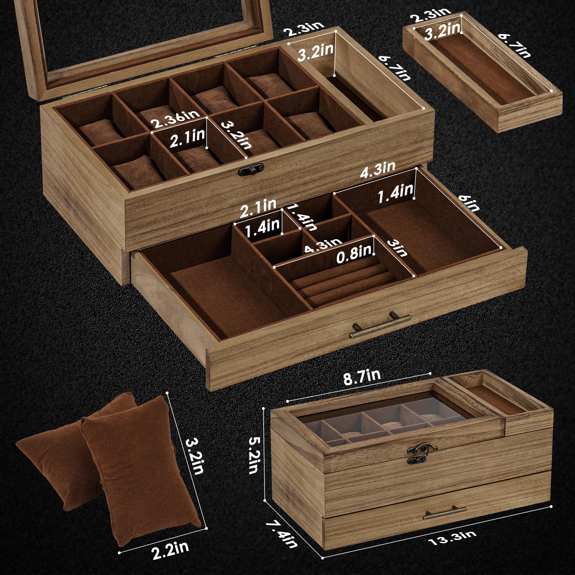 Premium 2-Tier Watch Box with Tray - 8-Slot Wooden Watch Display Case with Removable Pillows & Drawer - Luxury Watch Organizer for Large Dial Watches - Perfect Jewelry Storage Box for Men & Women - Ideal for Travel, Gift Giving & Watch Collection Display (Walnut)