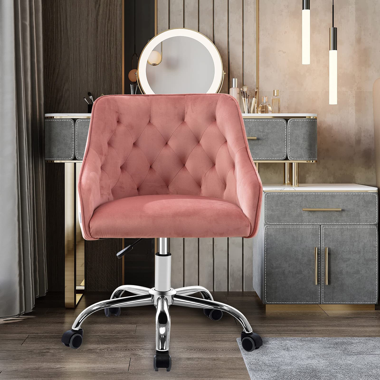 Velvet Swivel Office Chair with Wheels & Arms - Modern Ergonomic Desk Chair for Home Office, Study, Living Room & Bedroom - Soft Pink Shell Chair for Comfortable Work & Relaxation