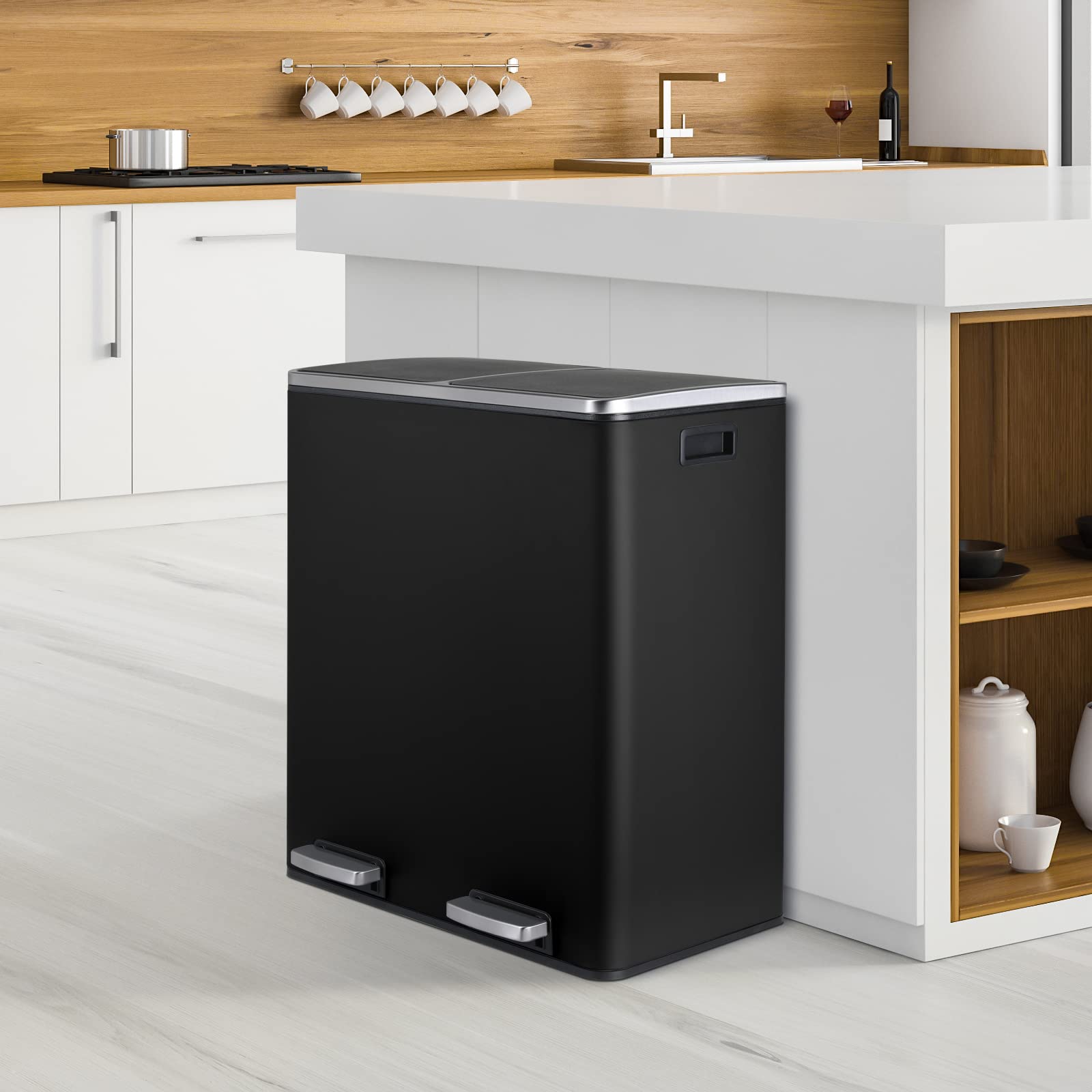 16 Gallon Stainless Steel Trash Can with Dual Compartment - 60L Metal Kitchen Step Recycle Bin, Double Dustbin for Home Use - Includes Removable Liner Buckets (Black) - Perfect for Kitchen Waste Sorting & Recycling