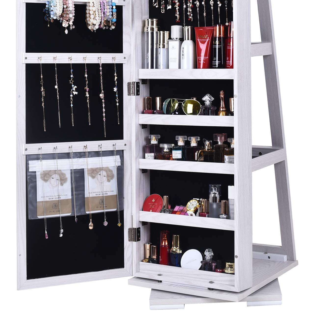 360° Swivel Jewelry Cabinet with Full-Length Mirror - Wooden Jewelry Storage Organizer & Makeup Armoire with Lock - Perfect for Bedroom, Dressing Room & Closet Organization